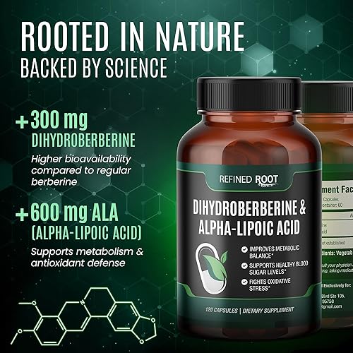 Miniatura 4 de Suplemento de dihidroberberina de raíz refinada de 300 mg con ácido alfa lipoico de 600 mg - Suplemento de berberina extra fuerte con ácido alfa