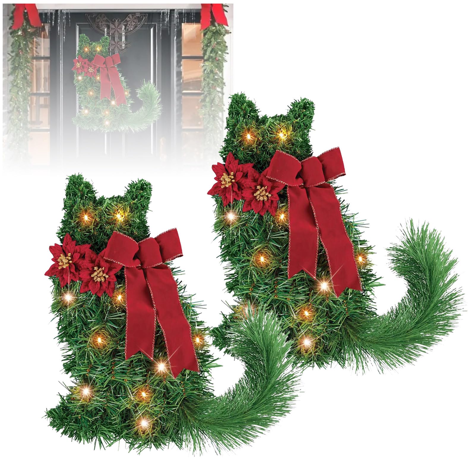 Cat Christmas Wreaths for Front Door, Christmas Cat Wreath Decorations, Lighted Cat Christmas Wreath, Prelit Cat Christmas Wreath, Cats Glowing Winter Wreath, Christmas Cat Door Hanger (2)
