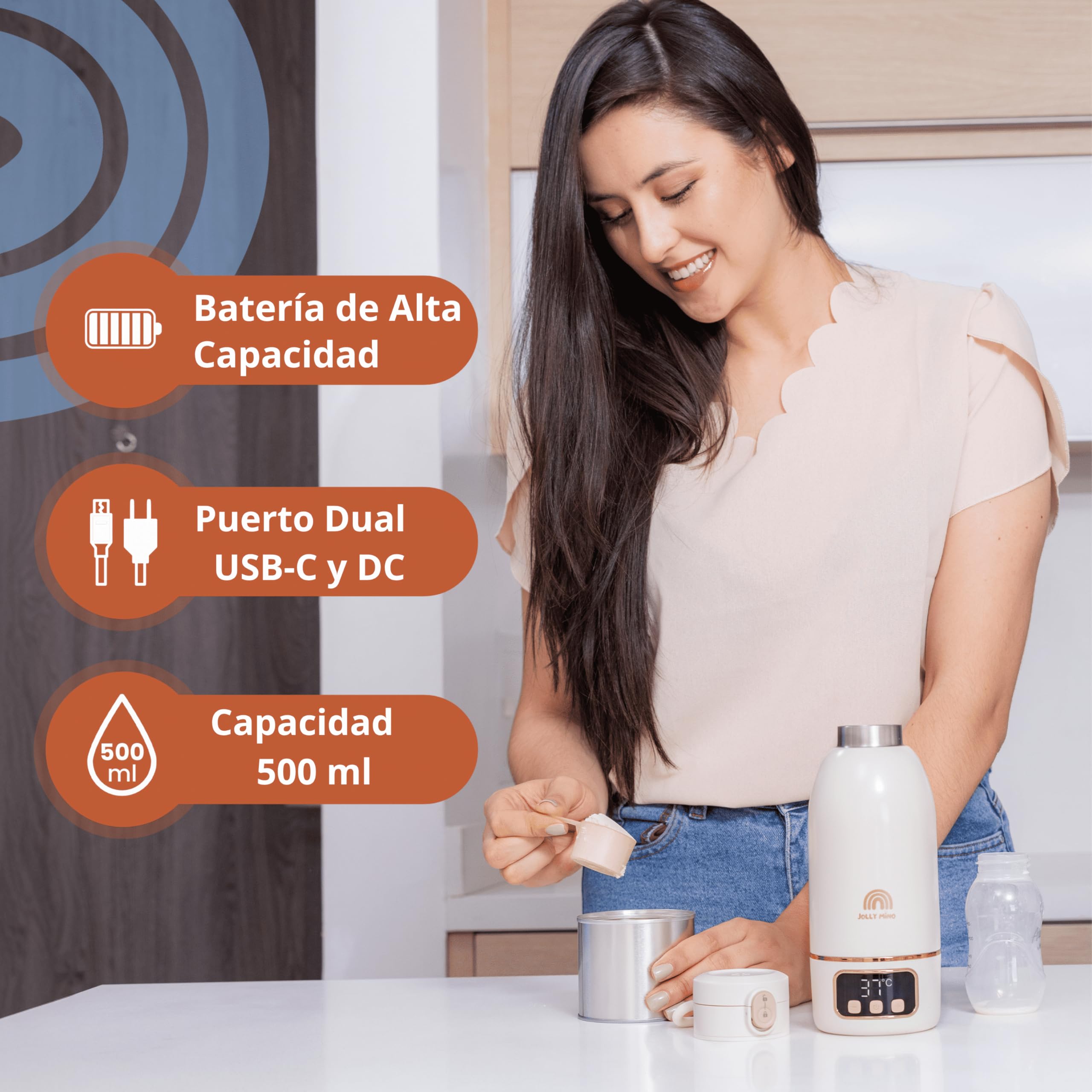 Calentador de Biberones Portátil Sin Cable 500ml, Acero Inox, Calienta Agua y Leche Materna, Auto-Pasteurización, Viaje Coche Noche, Cepillo de Silicona Incluido