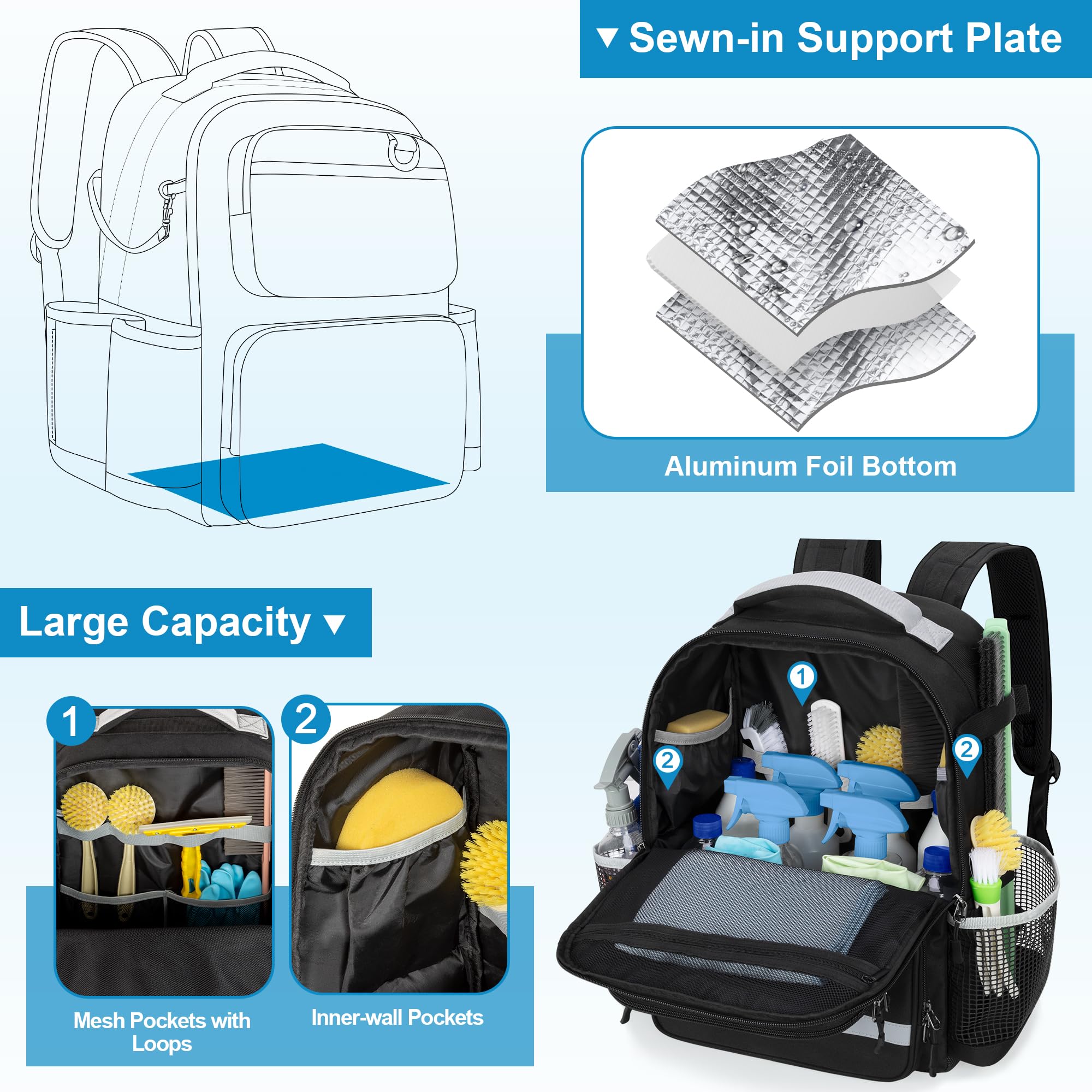 HODRANT Zaino Trolley di Grandi Dimensioni per la Pulizia, Solo Borsa | Borsa per la Pulizia con Carrello Rimovibile, Base Impermeabile, Maniglia e Piastra di Supporto per Ausili Domestici