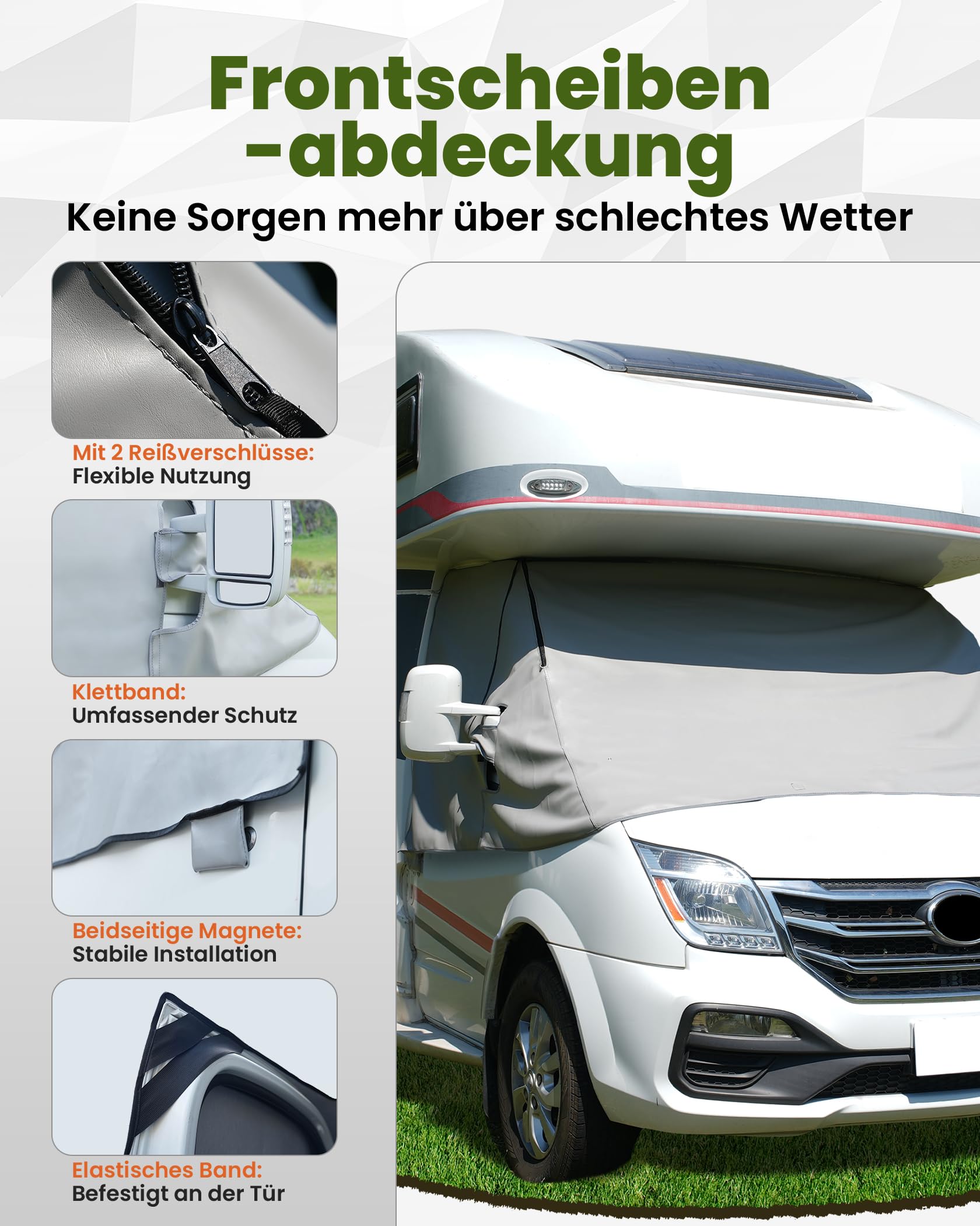 Frontscheibenabdeckung mit Reißverschluss Thermomatte Wohnmobil Zubehör，Umfassender Schutz vor Sonnen, Kalt und Staub,Geeignet für FIAT Ducato Peugeot Boxer Citroen Jumper X250/290 ab 2006