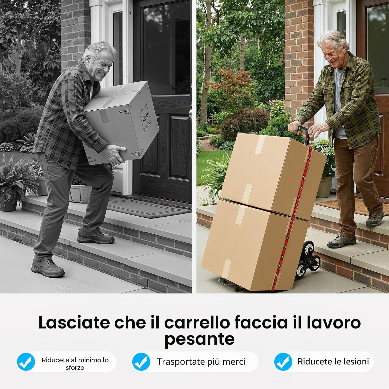Carrello per salire le scale, pieghevole, carrello per il trasporto di scale, carrello pieghevole in acciaio, portata 150 kg, manico regolabile in altezza, con cavo di fissaggio, per magazzino
