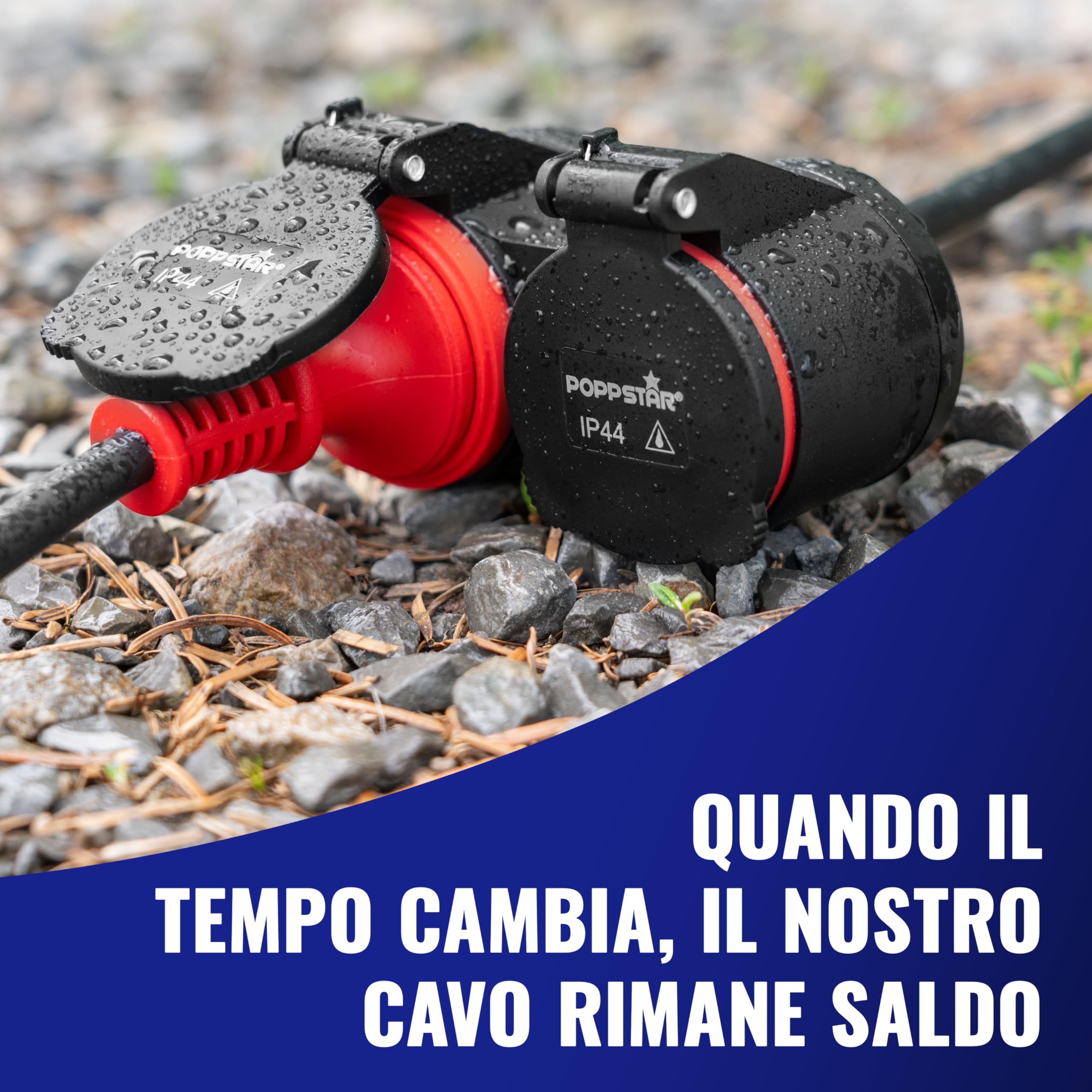 Poppstar Prolunga per esterno 20 m (2 prese Schuko, IP44, 16A/3680W, H05RR-F 3G1.5), nero/rosso