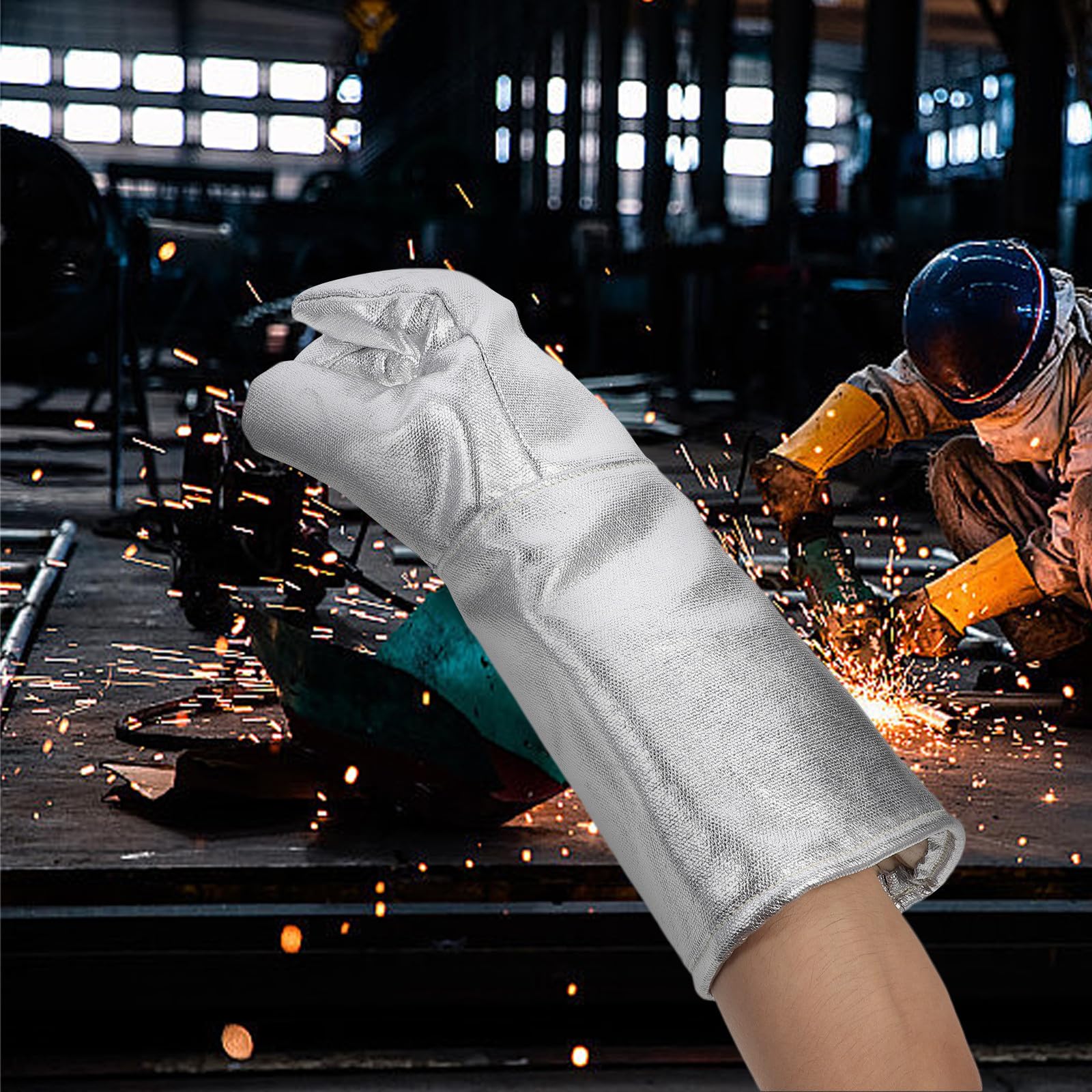 SHINEOFI Guanti Protezione Ignifuga Resistenti al Calore in Foglio di Alluminio 2 Pezzi e Isolamento Termico per Lavoro Industriale e Barbecue per Saldatura e Lavori All'aperto
