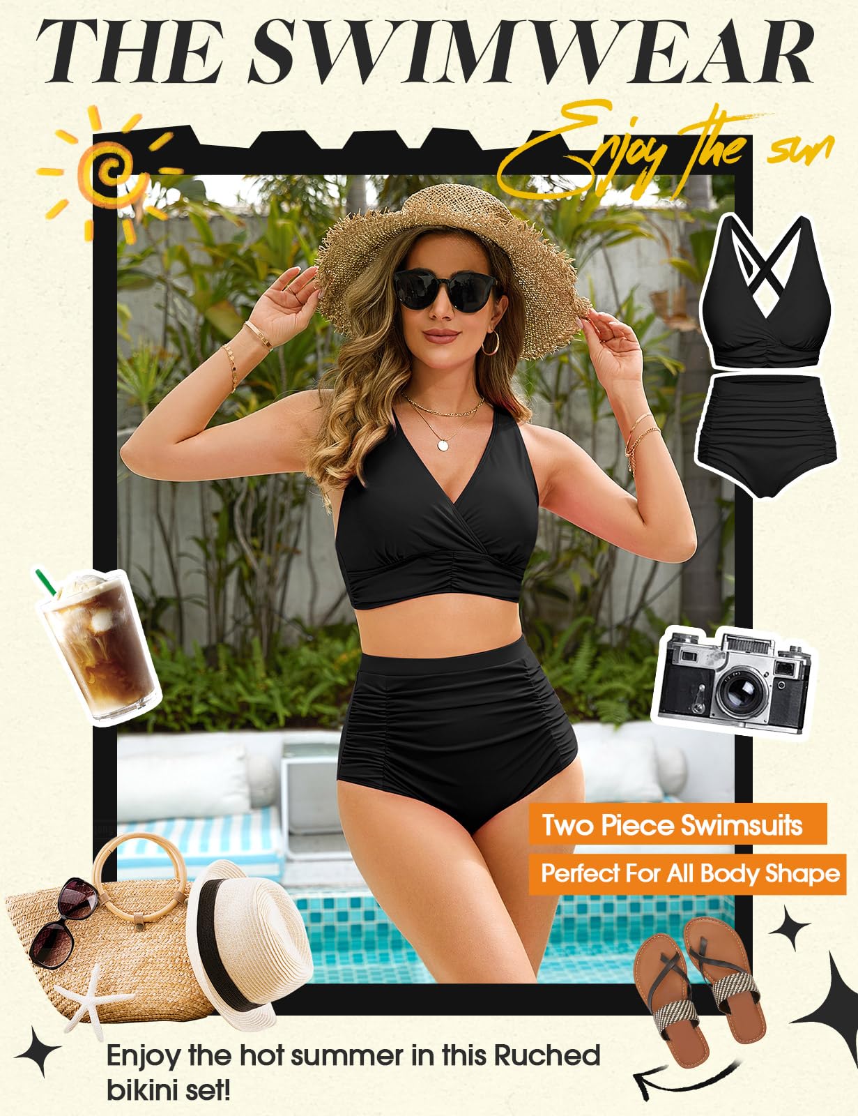 Voqeen Damen Bikini mit hoher Taille Push Up Badeanzug V Ausschnitt überkreuztes Geraffte Badebekleidung mit Bauchansatz Zweiteiliger Bademode