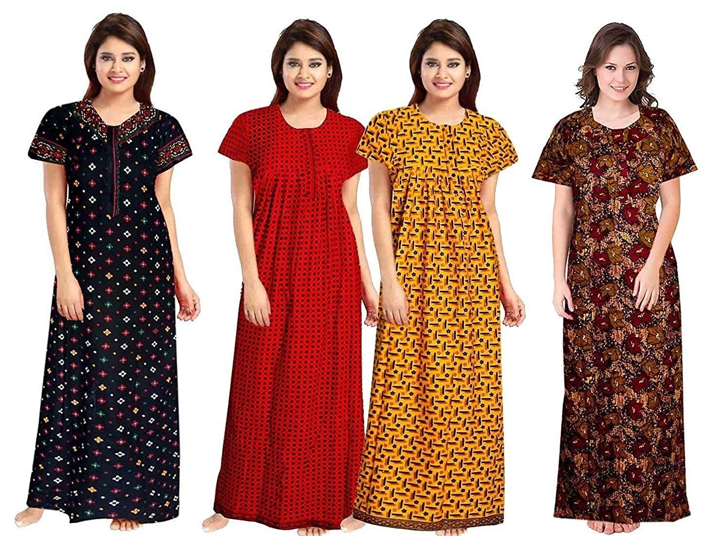 kbnbj Women’s Cotton Printed Maxi Nighty (Pack of 4) – Ankle-Length Night Dress Gown, Soft & Comfortable Sleepwear, Free Size Multicolour-picture-13