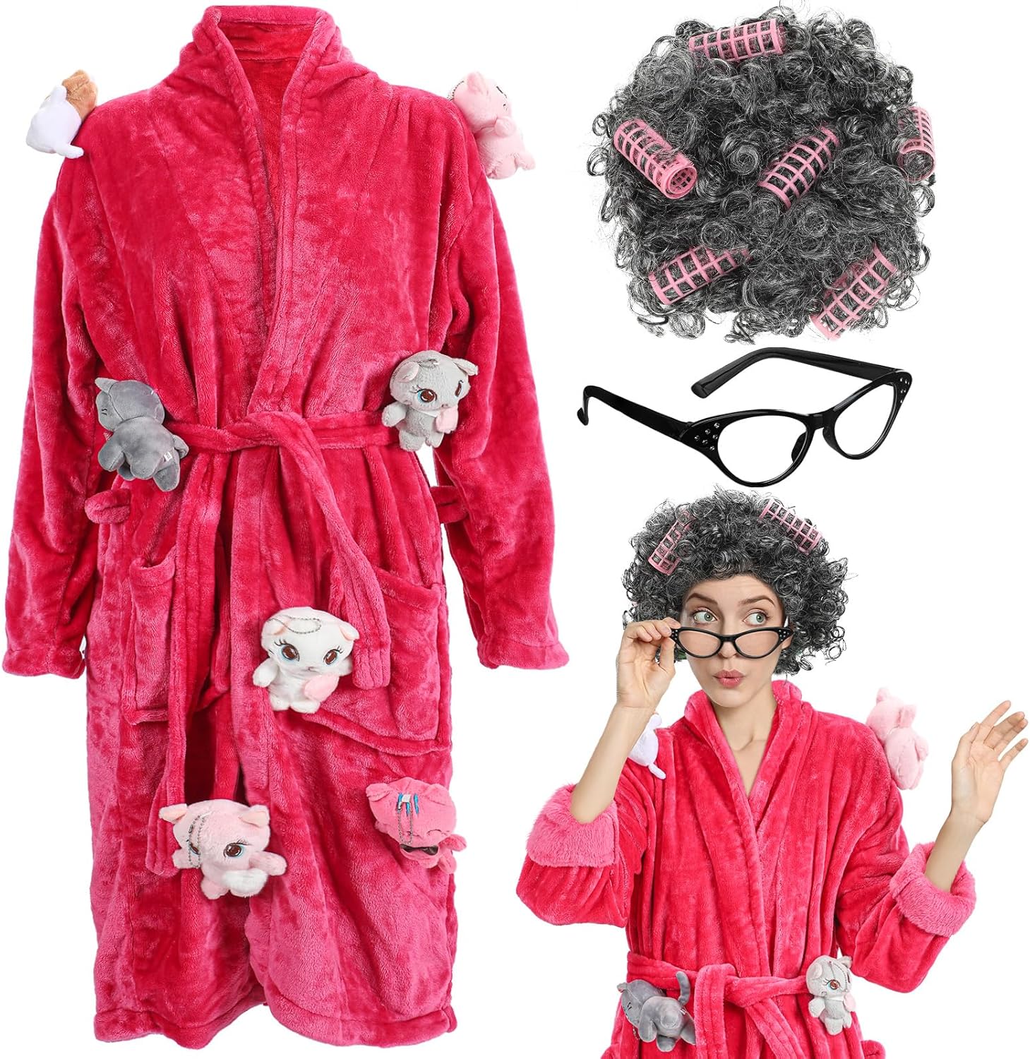 Xtinmee 3 Pcs Halloween Cat Lady Adult Costume Robe and Wig Eye Rhinestone Glasses for Lady Women Lovers Cosplay