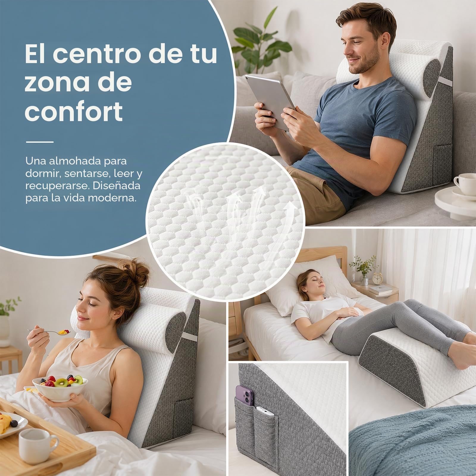 Cojín Ortopédico Triangular, Inclinable, 3 en 1, Viscoelástica | Funda de Algodón Extraíble, Gris-Blanco, 50x50x26 cm, Ideal para Cama, Espalda y Lectura, Alivio de Presión