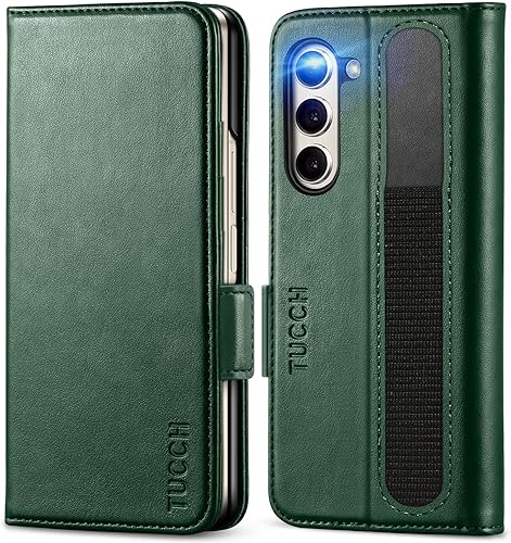 Miniatura 9 de TUCCH Funda tipo cartera para Galaxy Z Fold 5 con soporte para bolígrafo S, bloqueo RFID, función atril, ranuras para tarjetas, funda a prueba de
