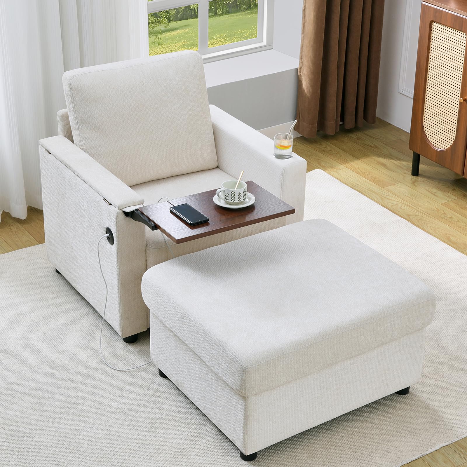 Rading Chairs with Storage Ottoman and Folding Tray Table, Beige