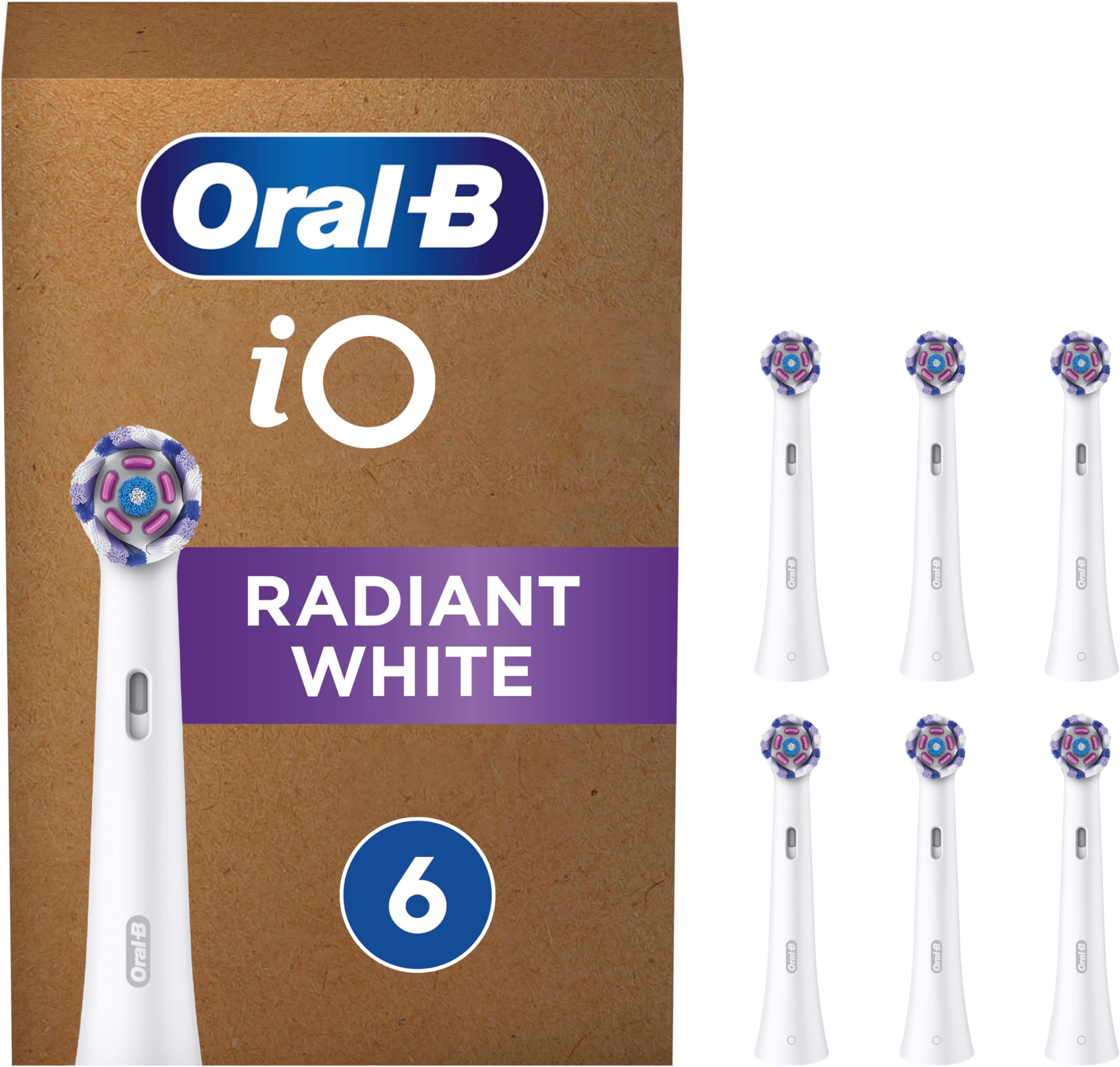 iO Radiant White Electric Toothbrush Head, Angled Bristles Deeper Plaque Removal, with Polishing Petals for Teeth Whitening, Pack of 6 Toothbrush Heads, White