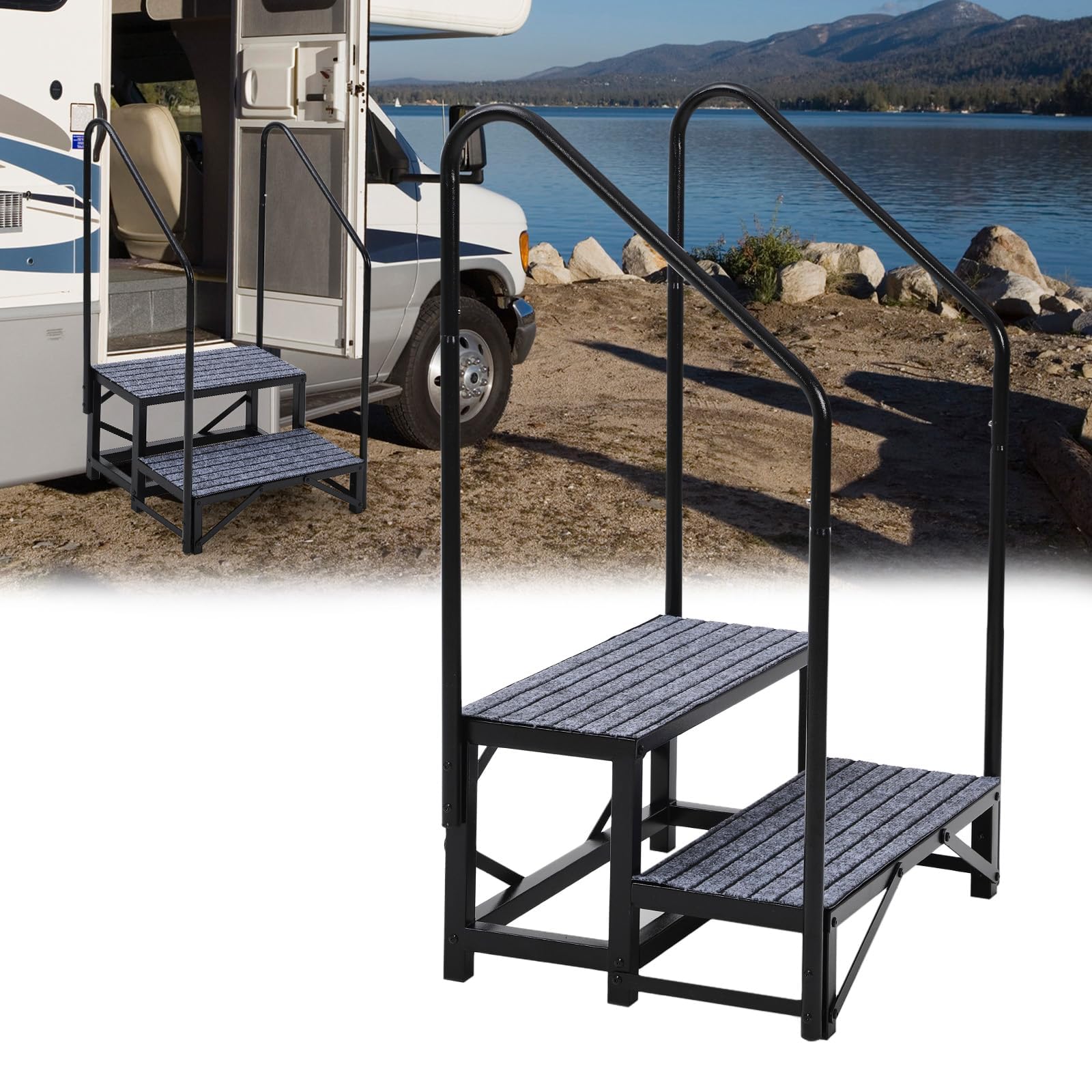 Garvee Escalera Portátil De 2 Escalones para Caravana con Pasamanos y Alfombrillas Antideslizantes, Ideal para Caravanas, Jacuzzis, Porches, Piscinas y Mascotas.