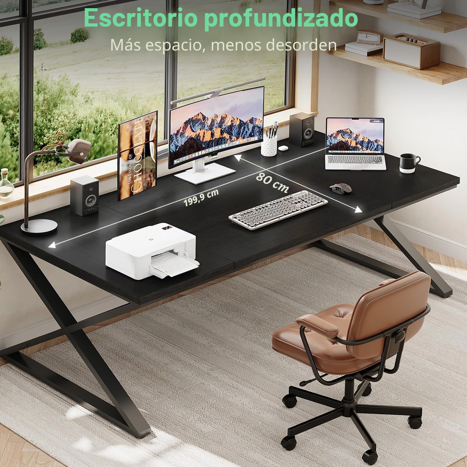 IBF Escritorio Negro, Escritorio Grande de Trabajo para Oficina en Casa, Escritorio de Computadora de 200 cm de Largo, Escritorio de Estudio Amplio y Simple para Escribir, Estación de Trabajo