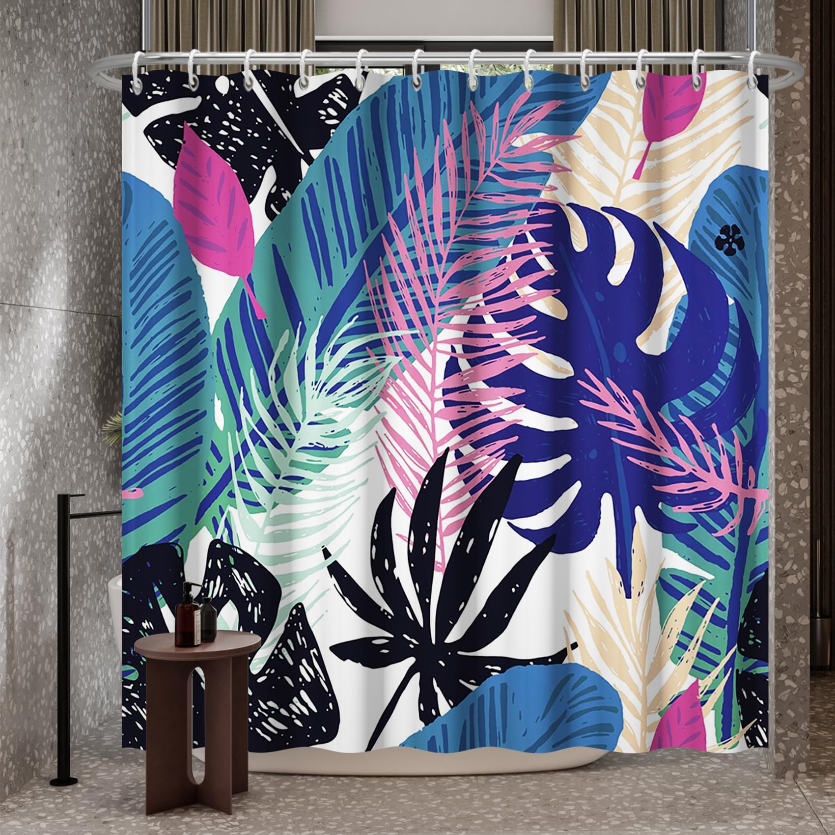 Bovlleetd 71x79inch Abstract Plant Shower Curtain Watercolor Bohemian Tropical Plant Bathroom Curtain Mid-Century Art Shower Curtain Waterproof Bath Curtain Washable for Bathroom Decor - Image 2
