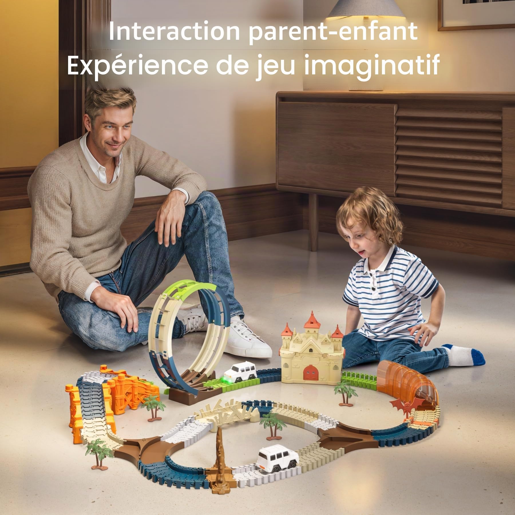 TUMAMA Kids Circuit Voiture Enfant Electrique Cars Jouet Automatique Voiture Pont et Tunnel 202 Pièces Ensemble de Pistes de Voiture Cadeau d'anniversaire pour Les Tout-Petits Enfants 3 4 5 6 Ans