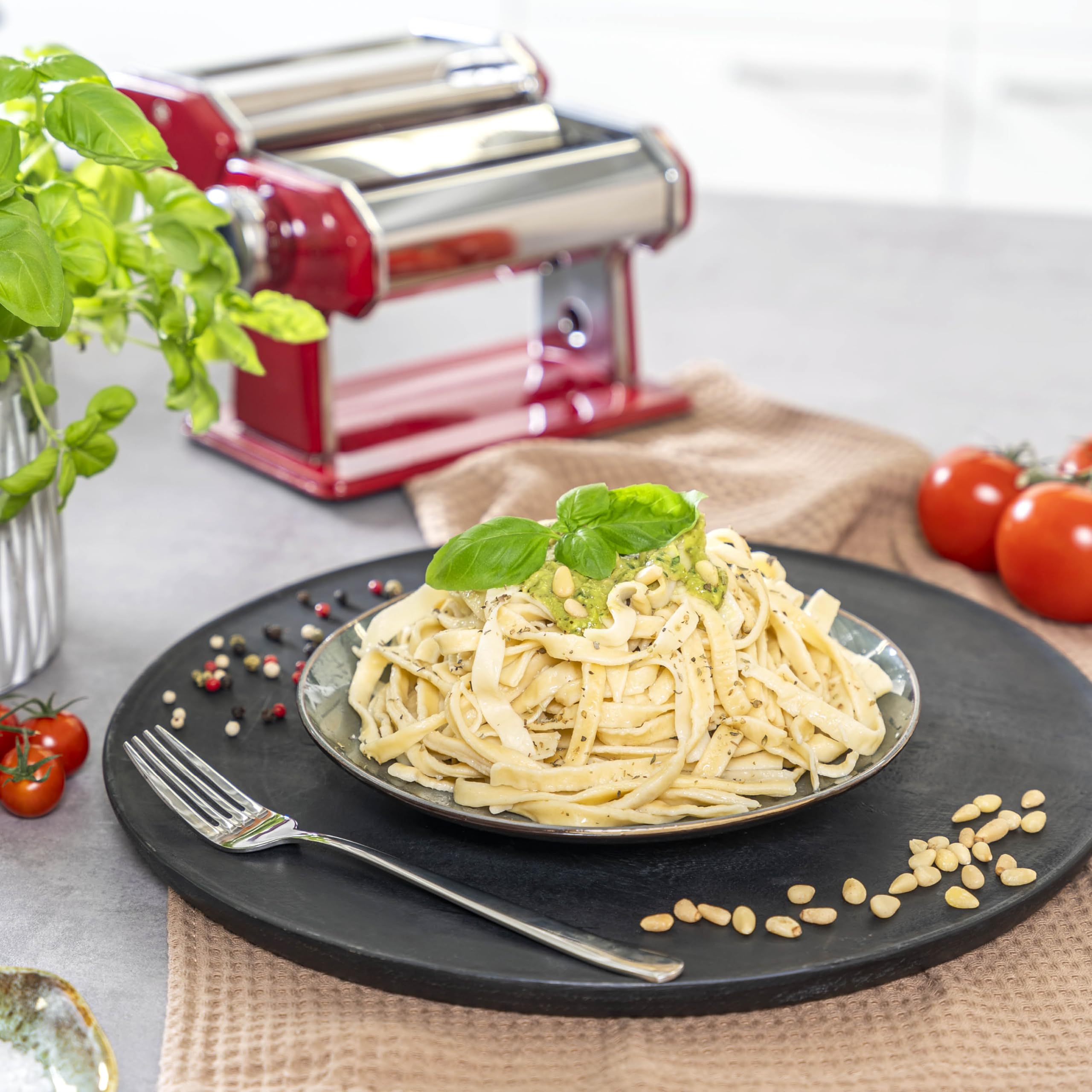 bremermann Máquina de Pasta para Espaguetis, Pasta y lasaña (7 Niveles), máquina de Pasta, Hacedor de Pasta (Rojo)