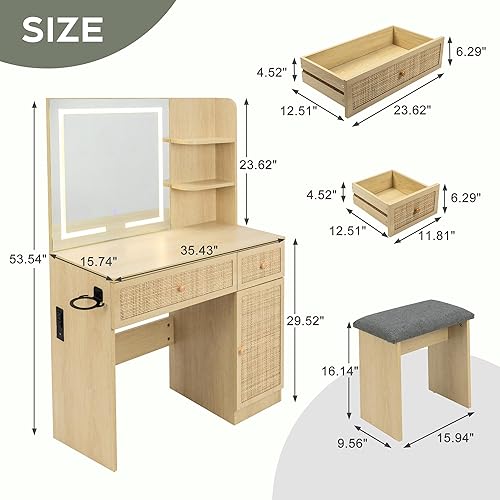 Vista 2 de Yechen - Tocador de 35" estilo bohemio con espejo iluminado con LED y regleta de enchufes, juego de mesa de maquillaje de madera con cajones