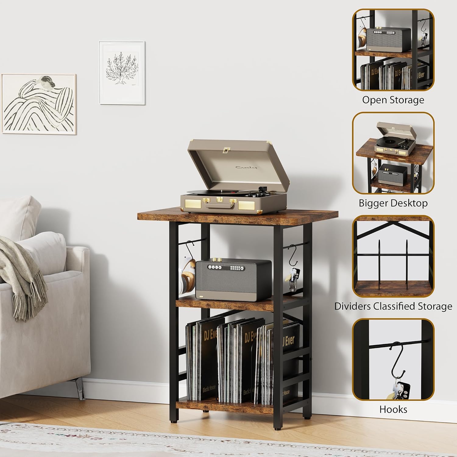 YAKANJ Record Player Stand with Extended Desktop,Large Record Player Table with Vinyl Storage,Tall Turntable Stand with Record Holder Vinyls Display Shelf for Music Room Studio, Rustic Brown