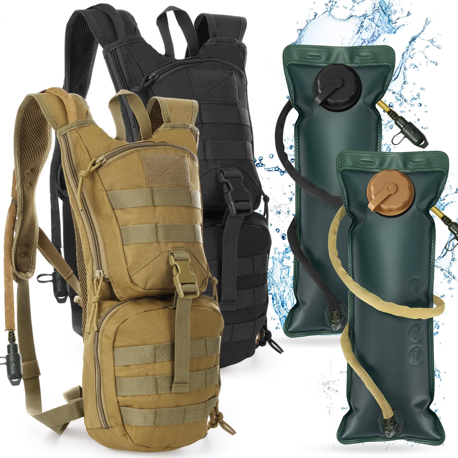 Liliful 2 juegos de mochila táctica Molle de hidratación con bolsa de agua de TPU de 3 l, mochila de hidratación táctica Molle para senderismo, ciclismo, correr y escalada