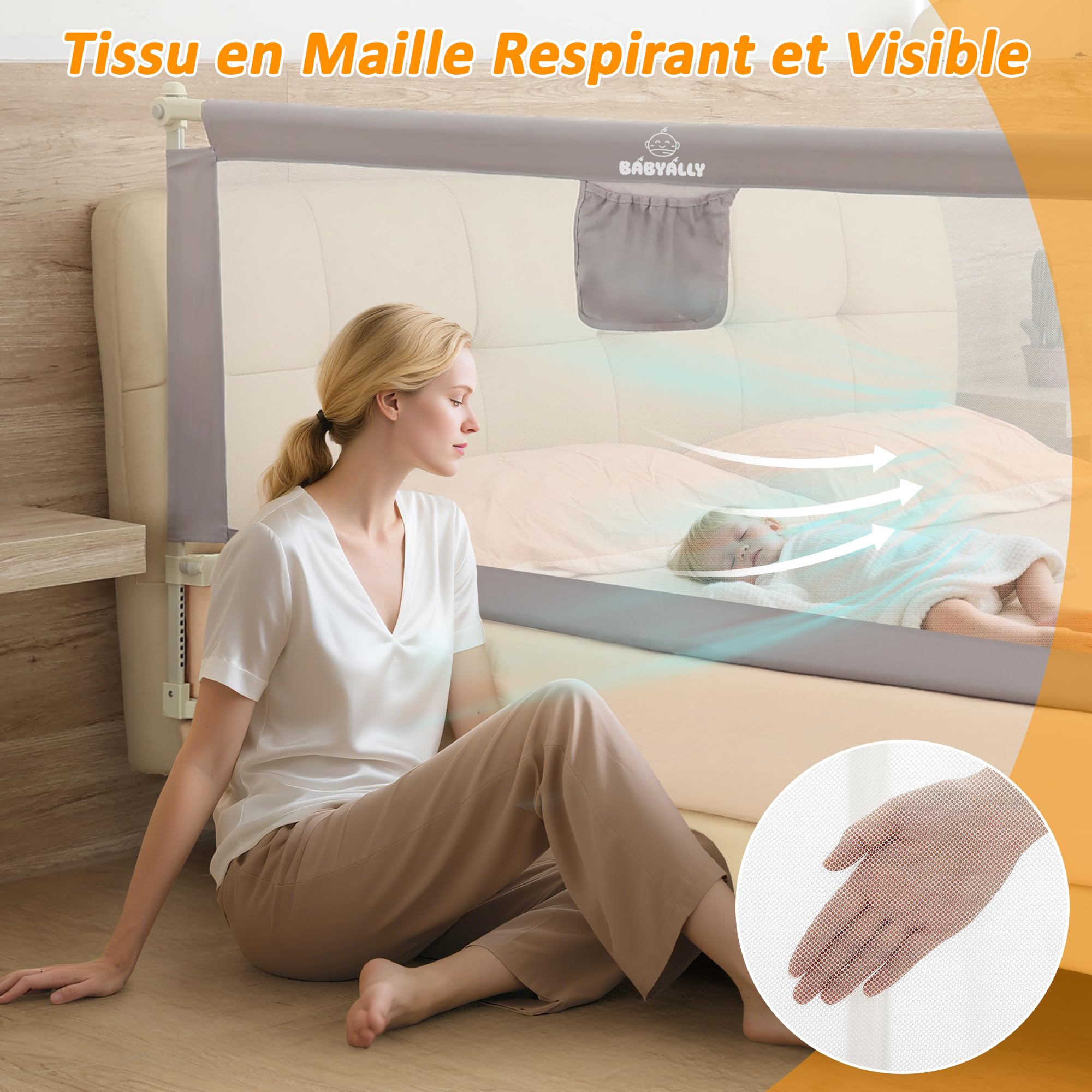 Barrière de lit enfant pliable 140cm sécurité avec élévation verticale double verrouillage
