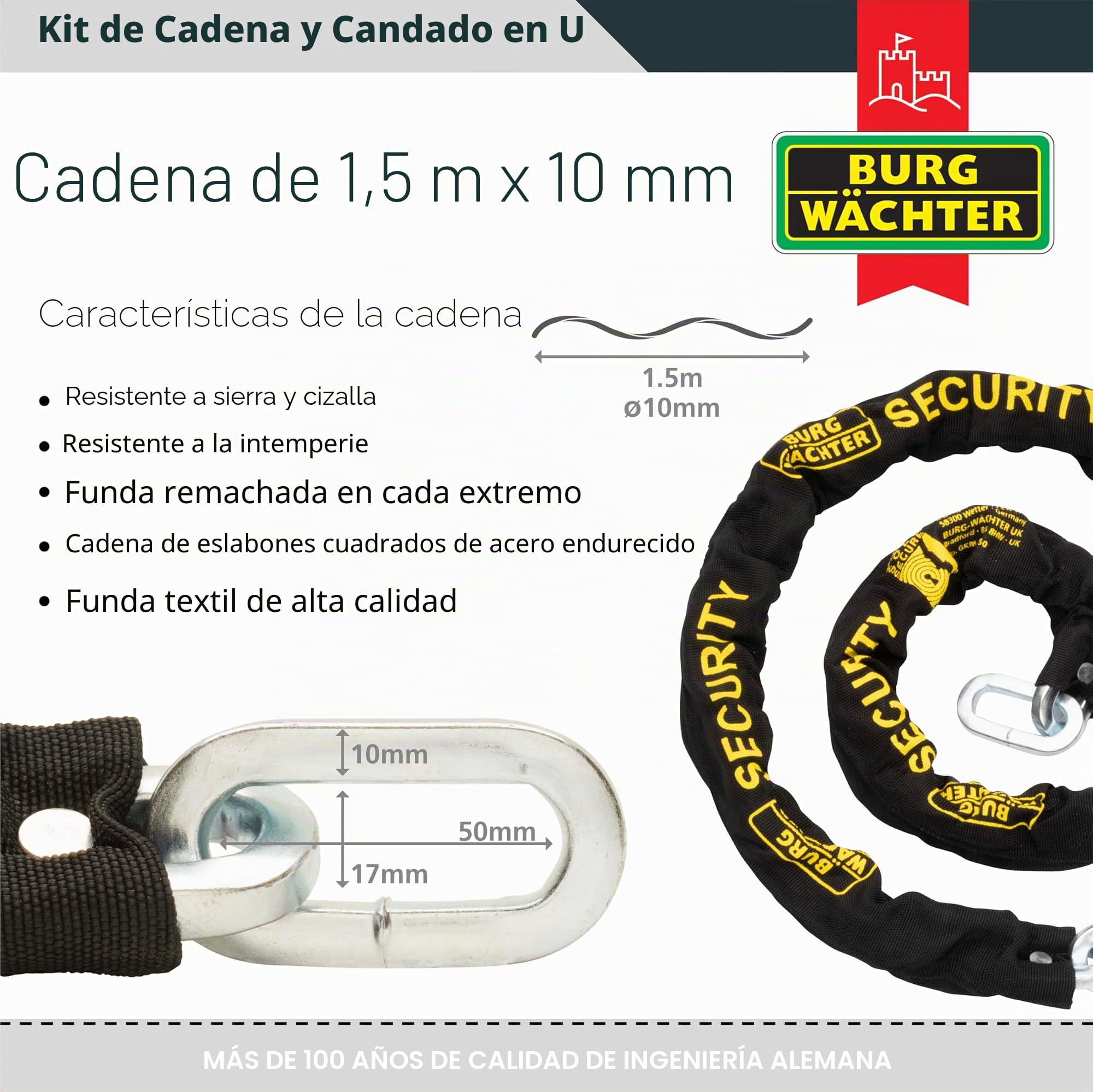 Burg-Wachter - Kit de cadena y candado para bicicleta (1,5 m), color negro