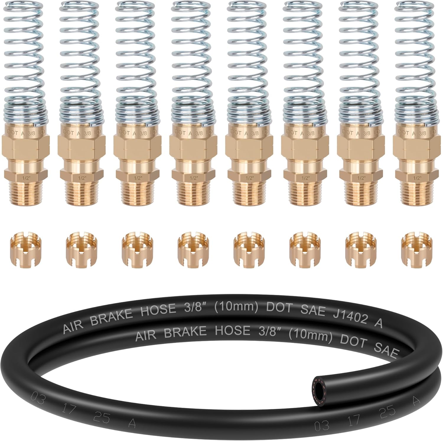 Air Brake Hose End Fitting, DOT Brass 1/2” Hose x 3/8” Male Air Brake Hose Connector with 5FT 1/2” Air Brake Hose, Air Brake Hose Fittings Kit - 8 Pack Brake Hose End Fitting & Sleeve Tubes