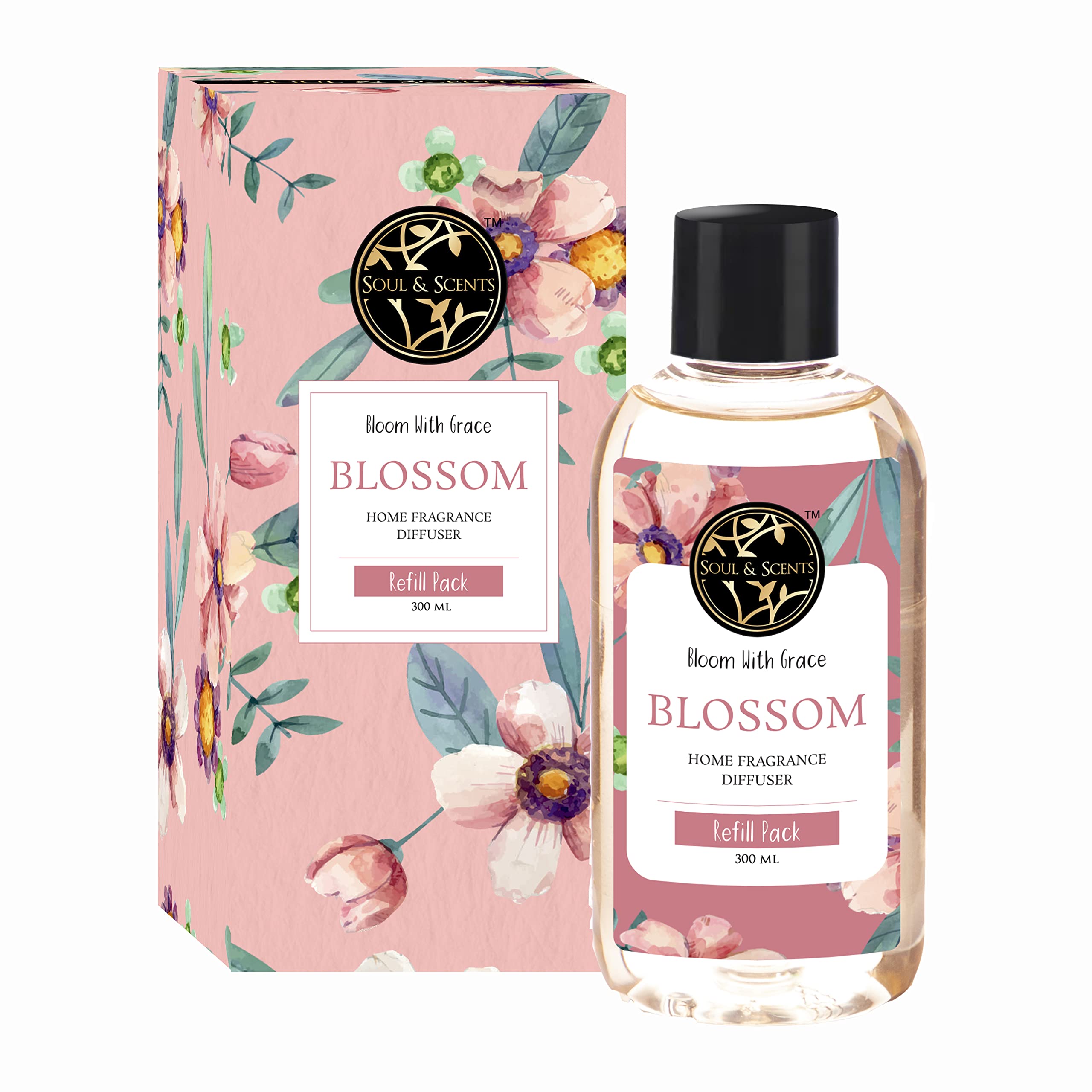 Soul & Scents Plastic Reed Diffuser Refill for Blossom Fragrance | Free 12 Fiber Reed Sticks | Long Lasting | Smoke Less Room Freshener for Home, Bedroom, Living Room & Office | 300ml