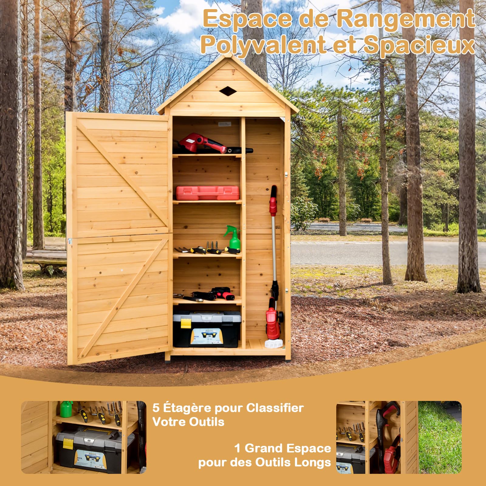GOPLUS Abri de Jardin en Bois de Sapin 5 Étagère avec Porte Verrouillable, 70 x 45 x 160 CM, Cabane de Jardin Extérieur pour Outils, Toit Galvanisée Imperméable, Pieds Surélevé pour Terrasse, Naturel