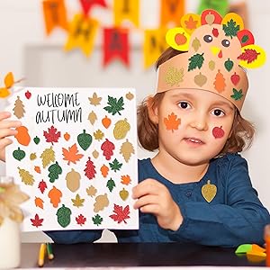 300Pcs Fall Stickers, Glitter Maple Foam Stickers, Self Adhesive Leaf Shape Thanksgiving Decorations, Colorful Pattern Foam Decor for Kids Crafts DIY, Harvest and Autumn Party Supplies