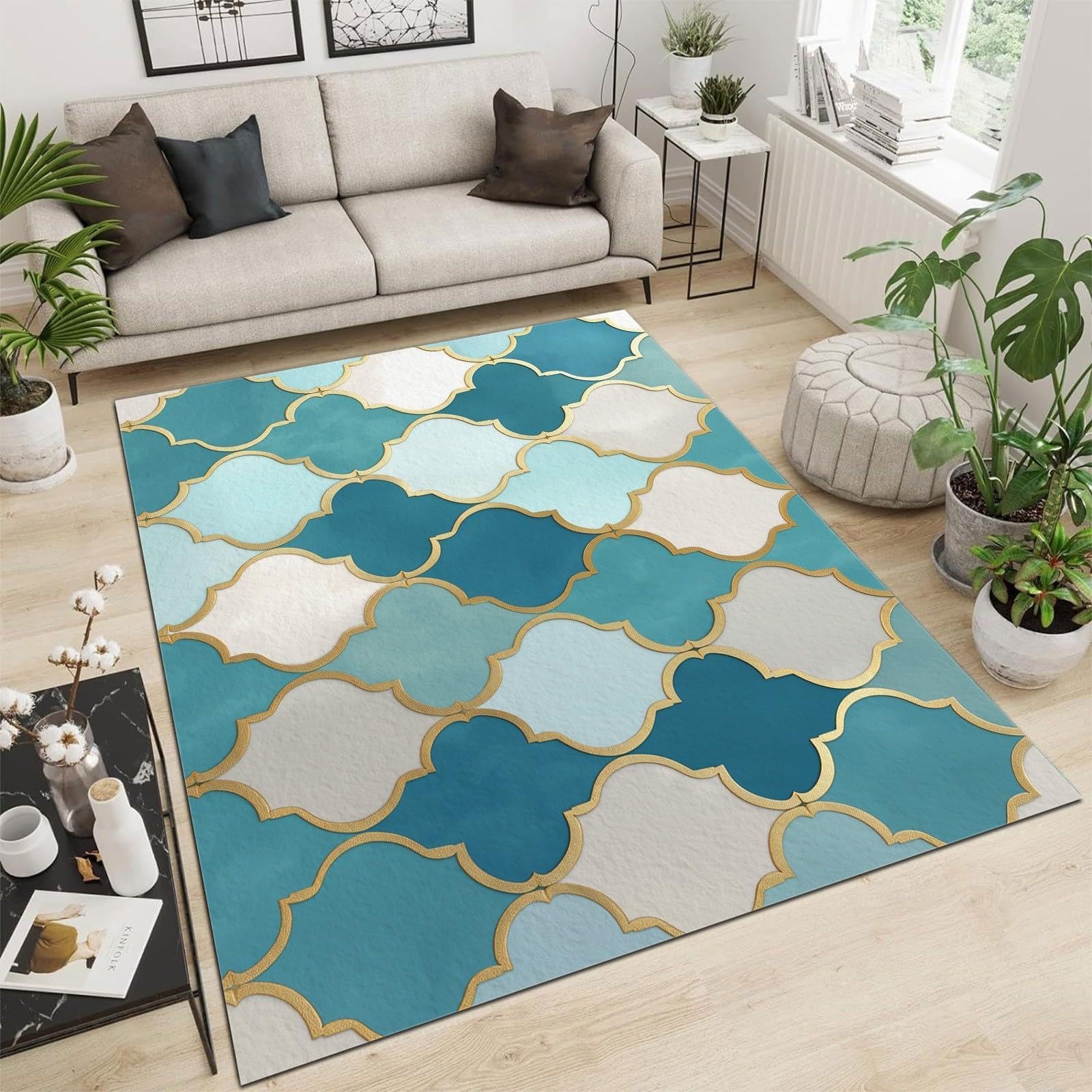 Tapis salon vintage marocain beige et bleu 100x160cm design géométrique lavable