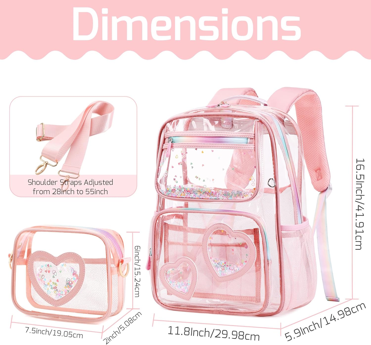 Clear Backpack for Girls,Transparent Backpacks Crossbody Bag for Kids Elementary School Student,Heavy Duty See Through Daypack 2PCS Bookbag Stadium Approved for Teen,College,Work,Travel,Concert Pink - Image 2