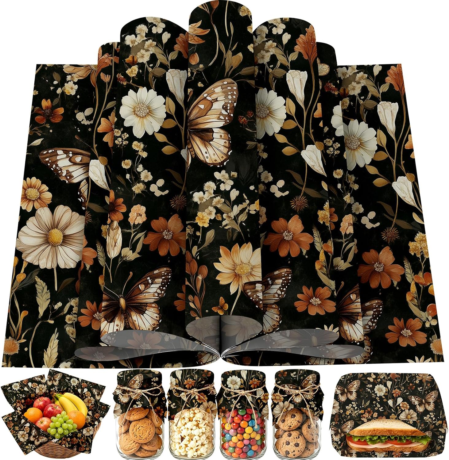150 Sheets Floral Butterfly Wax Paper for Food Deli, 9.8 x 8.3'' Rust Brown Dried Flowers Butterflies Greaseproof Wrapping Paper for Sandwich Picnic Basket Liner Birthday Party Supplies (A)