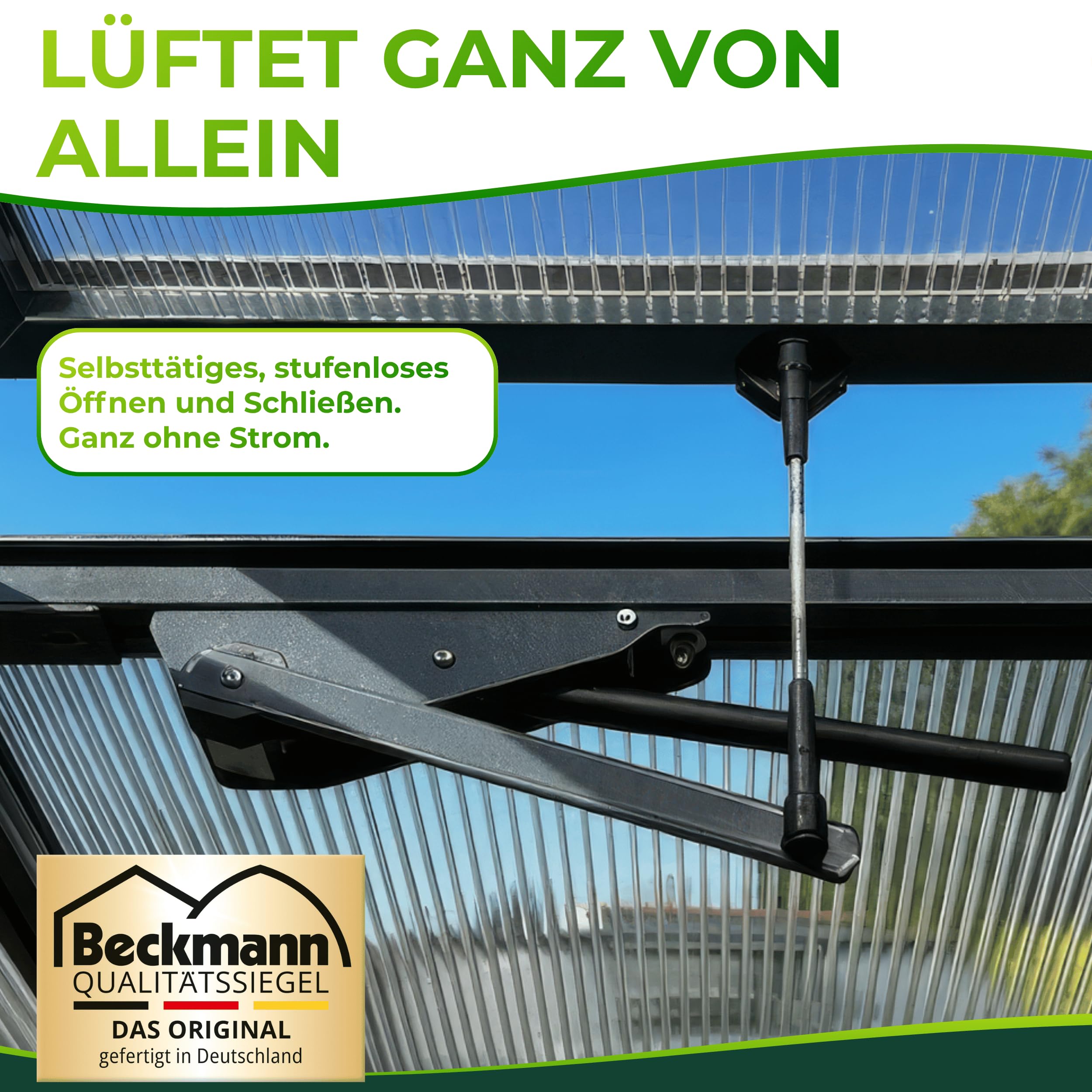 Beckmann automatischer Fensteröffner Gewächshaus ohne Strom Fensterheber ÖFA [7kg Hubkraft] Anthrazit I für Dachfenster I Gewächshaus Zubehör I Gewächshausfensteröffner I Fenster Öffner I automatisch