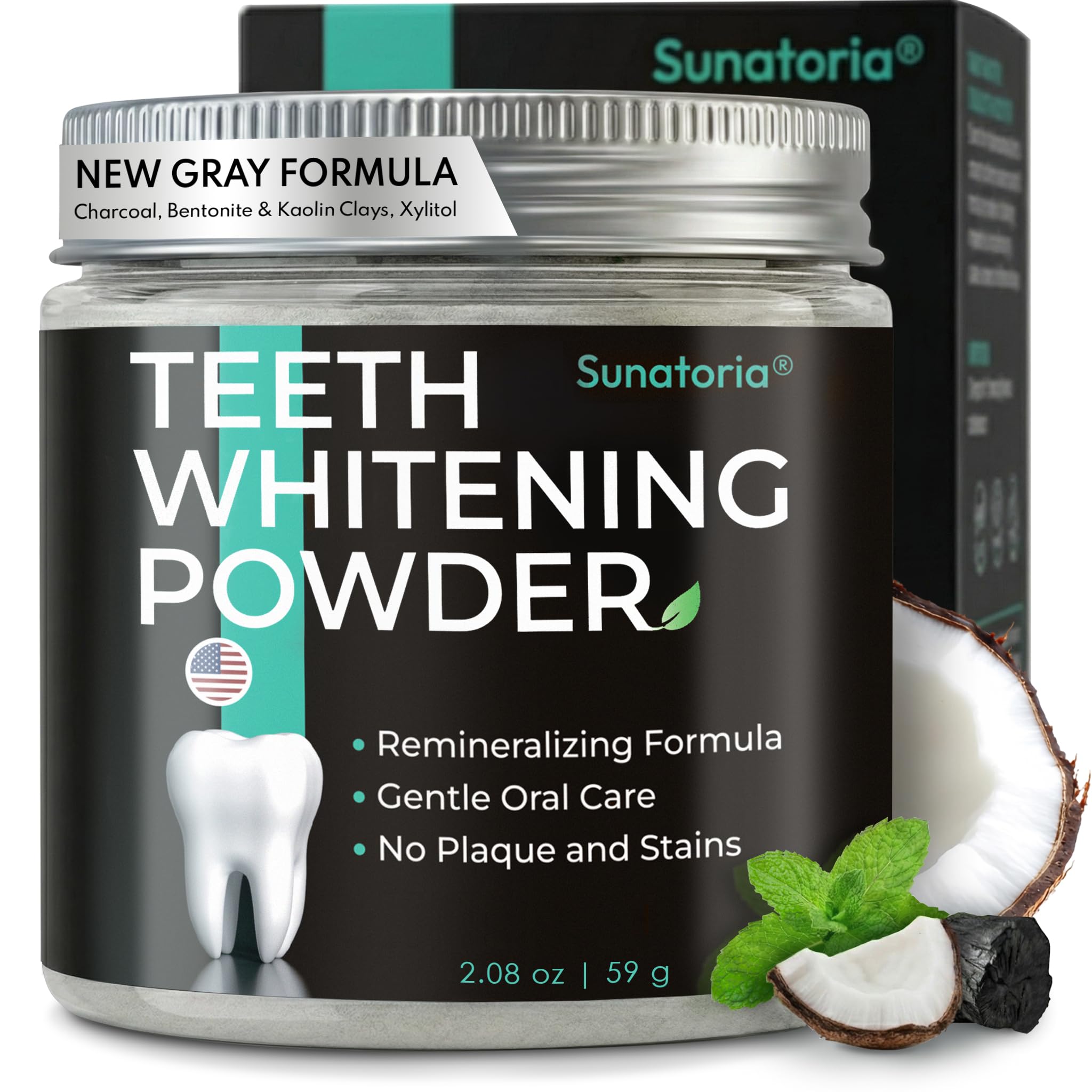 Teeth Whitening Powder - Remineralizing Tooth Powder with Nano Hydroxyapatite, Charcoal + Bentonite & Kaolin Clays - Gentle Tooth Polish for Sensitive Teeth, Fluoride-Free, Mint, 2 oz
