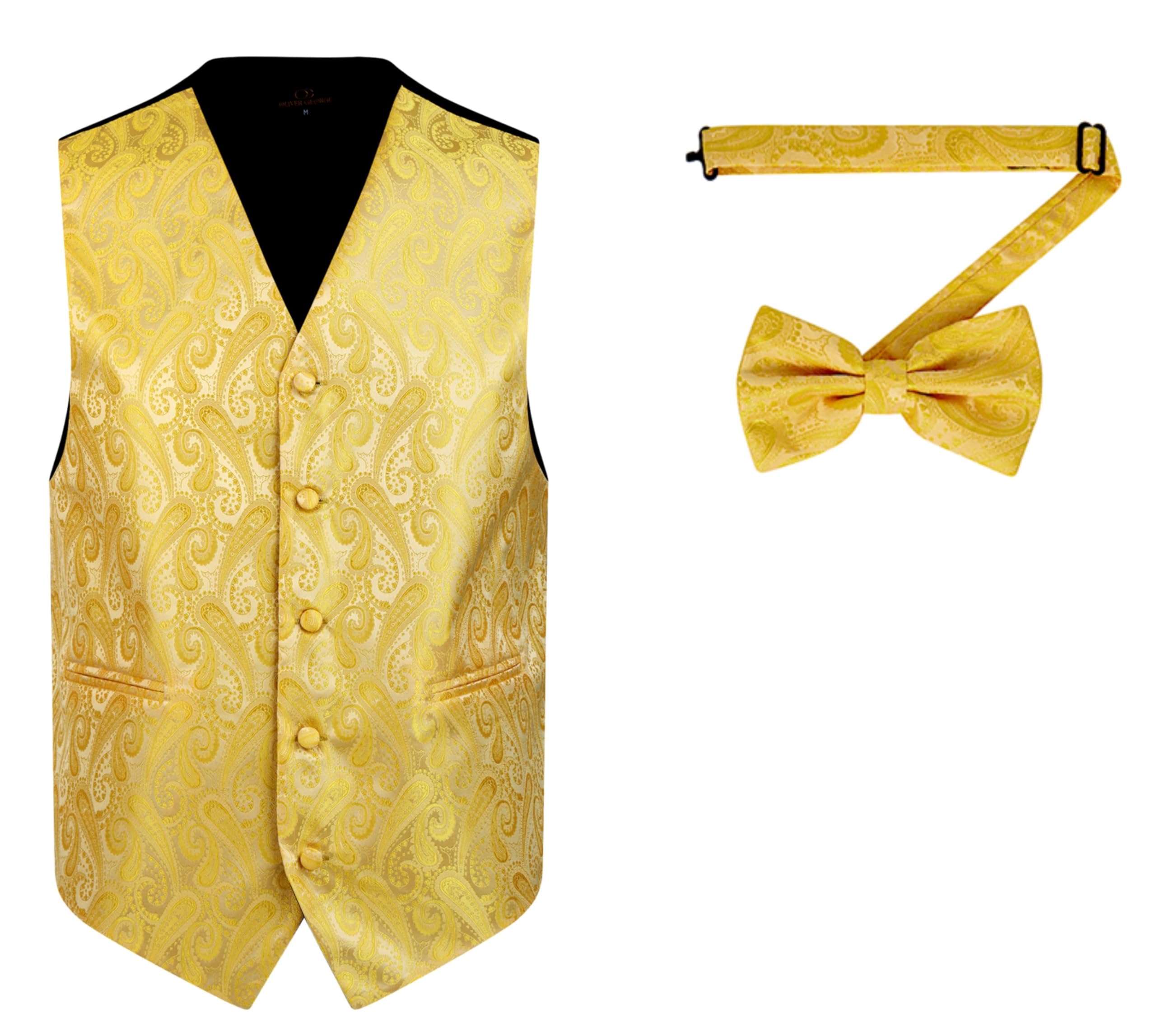 Oliver George 2pc Men's Paisley Formal Suit Vest Waistcoat Tuxedo Dress Vest Bowtie Set for Suit or Tuxedo, Yellow Gold, Large