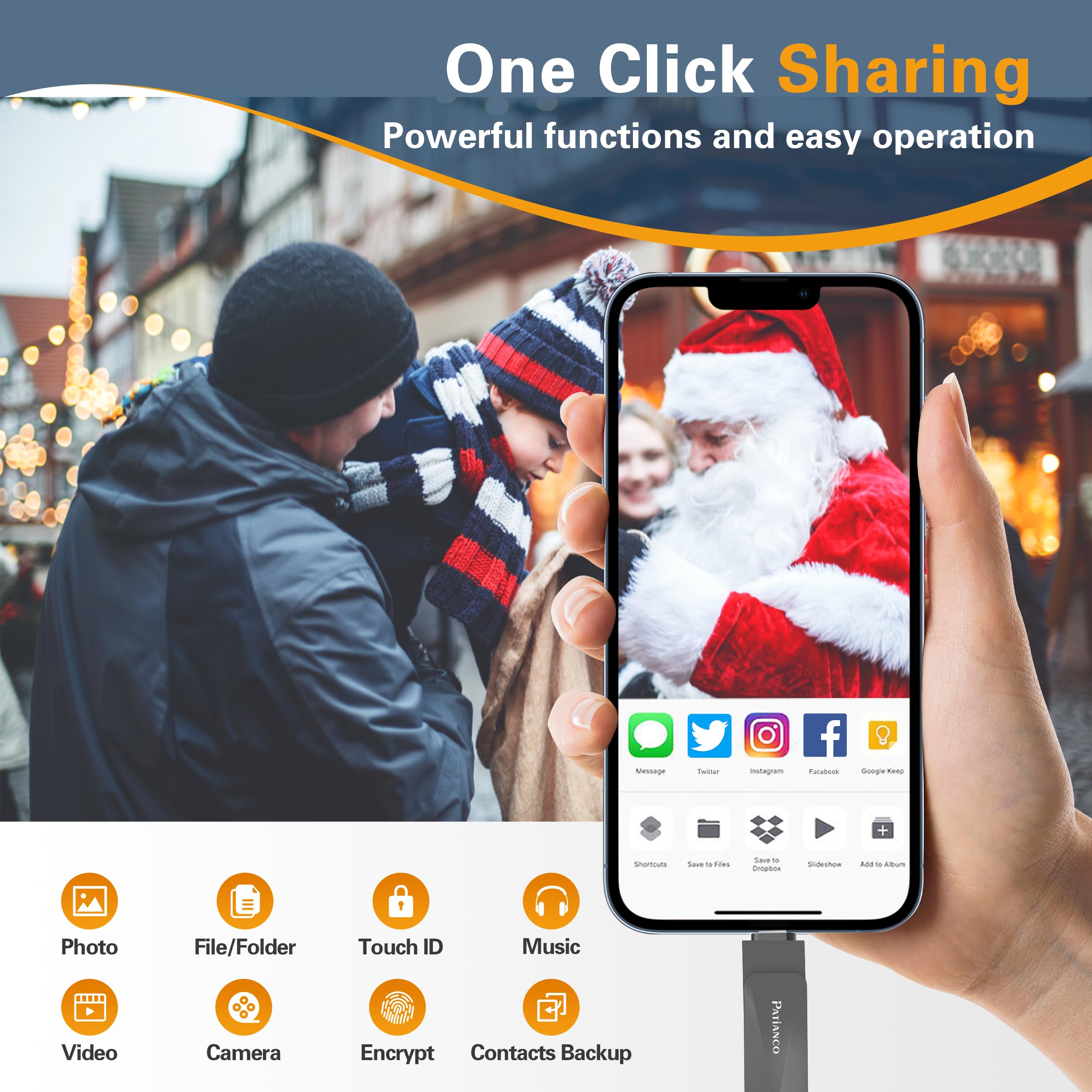 Patianco Chiavetta USB per iPhone 256GB [MFi Certified] USB 3.0 Pendrive per Lightning Chiave USB C Memoria Stick 3 in 1 Backup Rapido con un Clic per OTG Android/Mac/PC/Type C-iPhone/iPad(256GB,Nero)