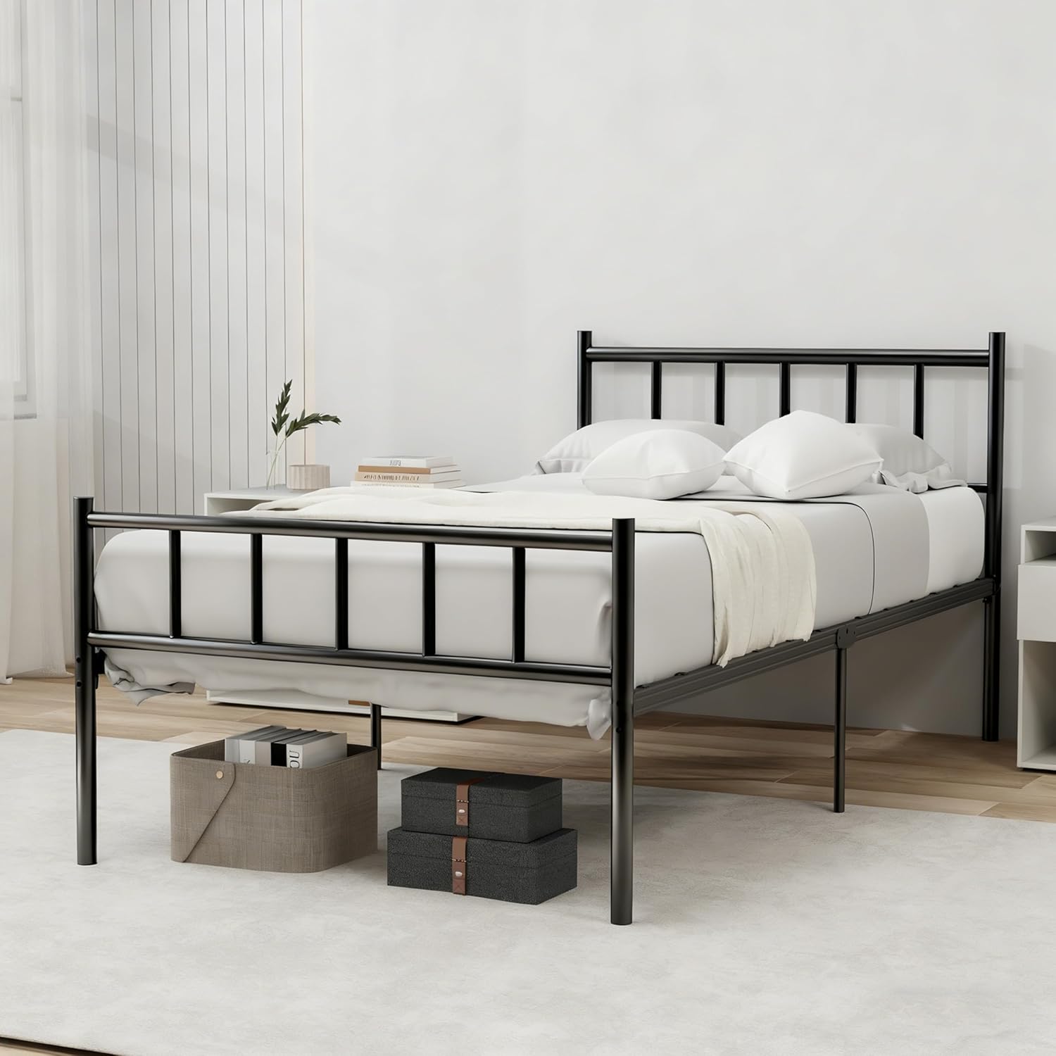 Zoophyter Metal Platform Twin Bed Frame with Headboard Footboard Strong Steel Slat Support Underbed Storage No Box Spring Needed Easy Assembly Black