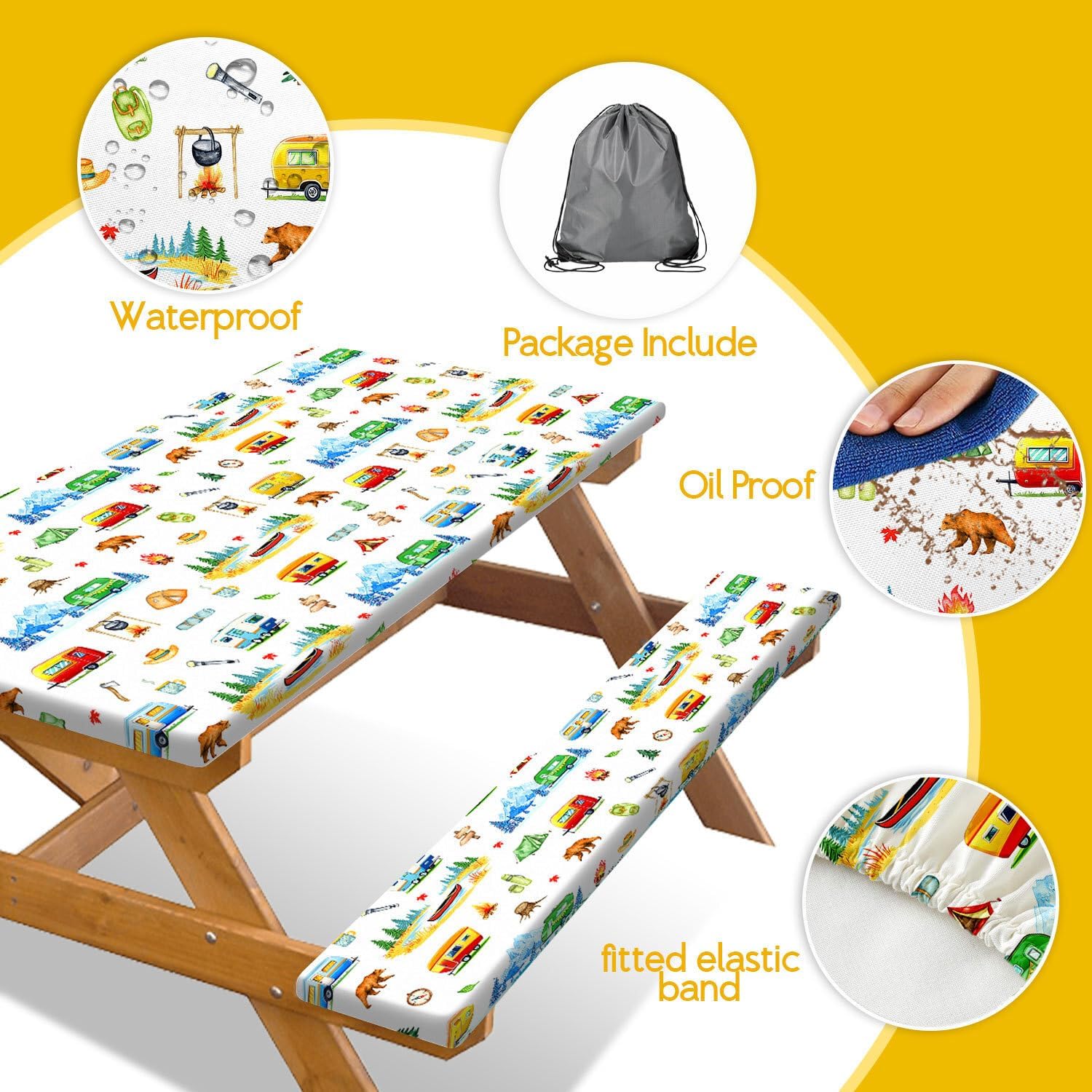 Picnic Table Cover with Bench Covers, RV Bear & Mountain Camping Tablecloth, Elastic Edges, Windproof Waterproof Fitted, for Outdoor Camping Patio Garden, with Drawstring Bag, 72 Inch 3PCS