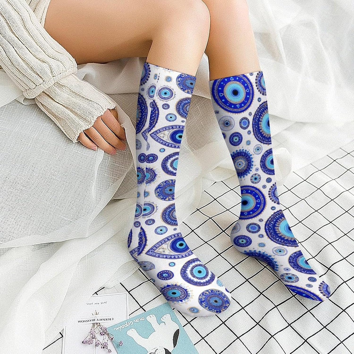 Blue Greek Evil Eyes Knee High Socks Casual Long Stockings Over Calf Sock Tube for Women Men
