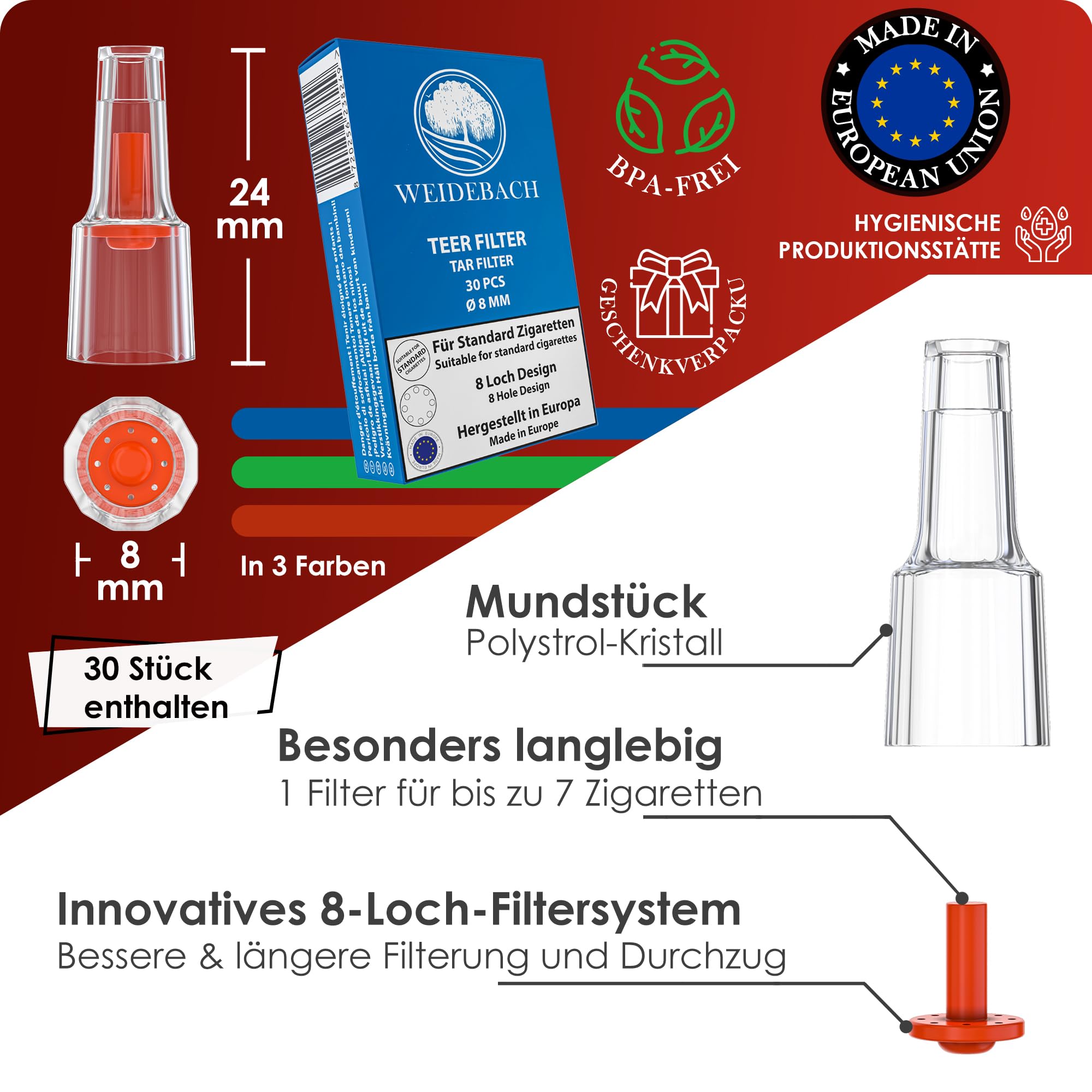 WEIDEBACH® 30 Premium filtry do papierosów 8 mm, Made in Europe | filtry papierosowe z klipsem, filtry nikotynowe, plastikowy filtr do papierosów, filtry antysmogowe