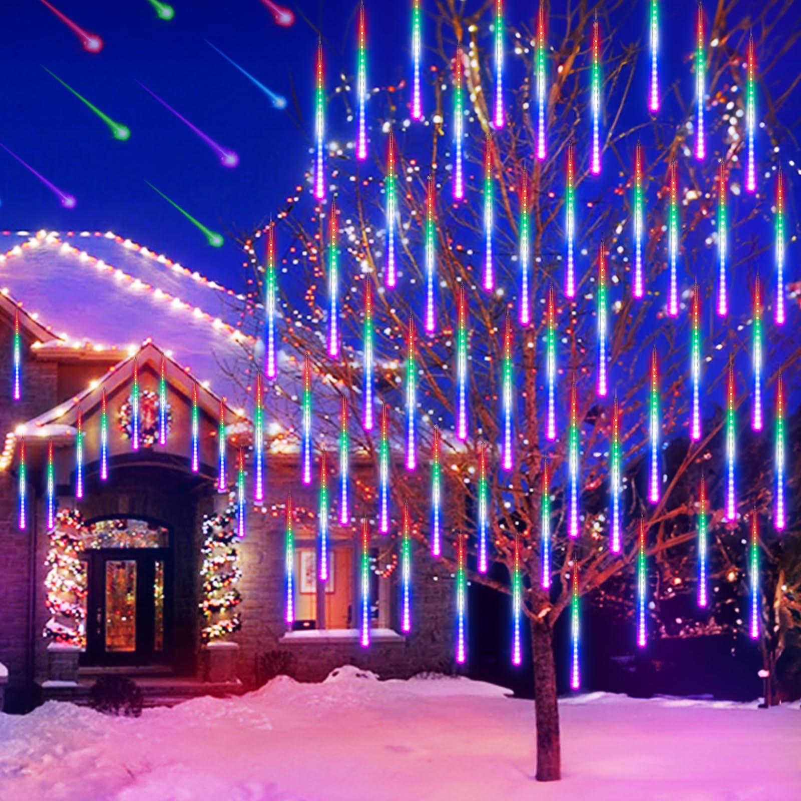 AUINSKY Luces de Lluvia, RGB Luces Led Navidad Lluvia Meteoritos 50 cm, 10 Tubos, 400 Led, Luces de Exterior Cascada Adecuada para Navidad, Decoración de Jardín