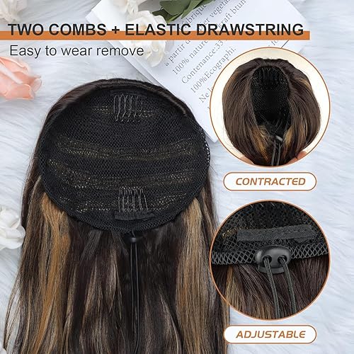 Miniatura 5 de FREEMEIGE Extensión de cola de caballo con cordón para mujer, extensión de cola de caballo larga ondulada con reflejos, extensiones de cabello
