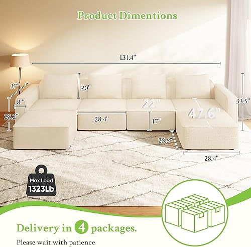 Miniatura 2 de Sofá modular seccional, cómodo sofá de nube de 132 pulgadas, sofás seccionales para sala de estar, sofá moderno en forma de U con otomana móvil,