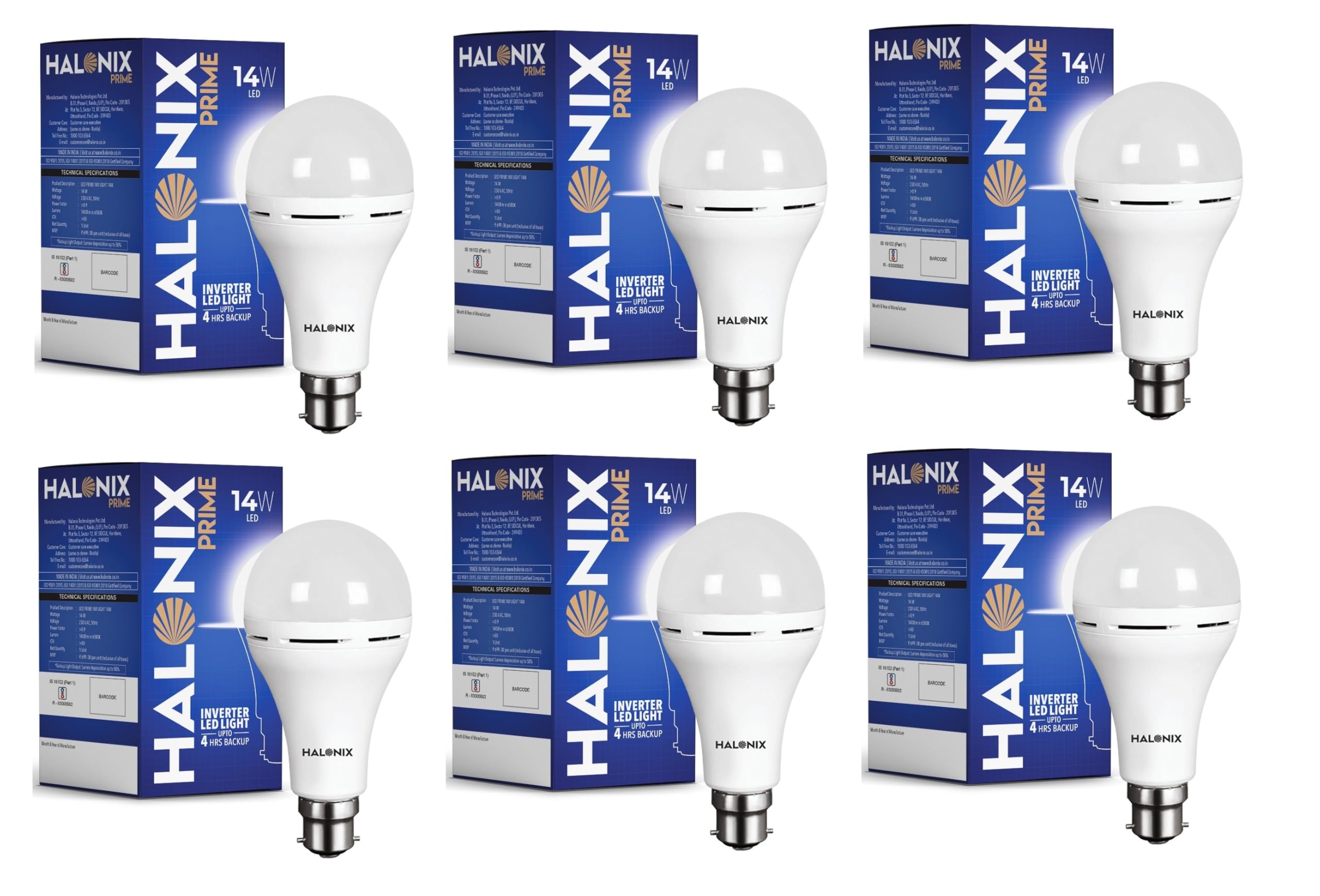 Halonix 14W Emergency LED Bulb | Rechargeable Emergency Bulb For Power Cuts | Backup : 4Hrs | Cool Day Light | Pack Of 6 | Rechargeable Emergency Light |b22d