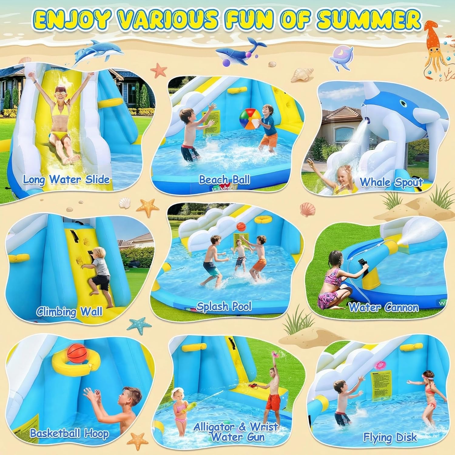 Whubery Inflatable Water Slide, Shark Theme Bounce House Water Slide with Pool, Water Park for Kids Backyard with Blower,Complete Accessories Set, Outdoor & Indoor Water Play for Ages 3+