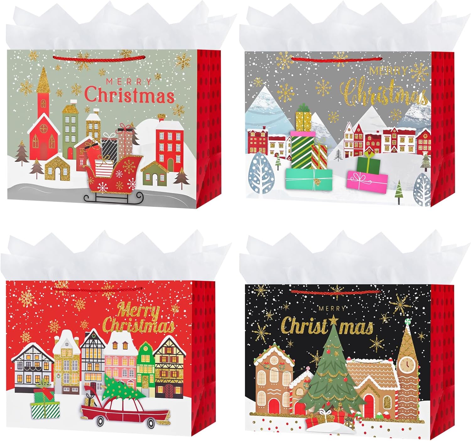 OFIHANLY 4 Pack 14.9" Large Size Merry Christmas Gift Bags with Handles for Xmas Holiday Presents Glitter Paper Wrapping Bag with Tissue Paper