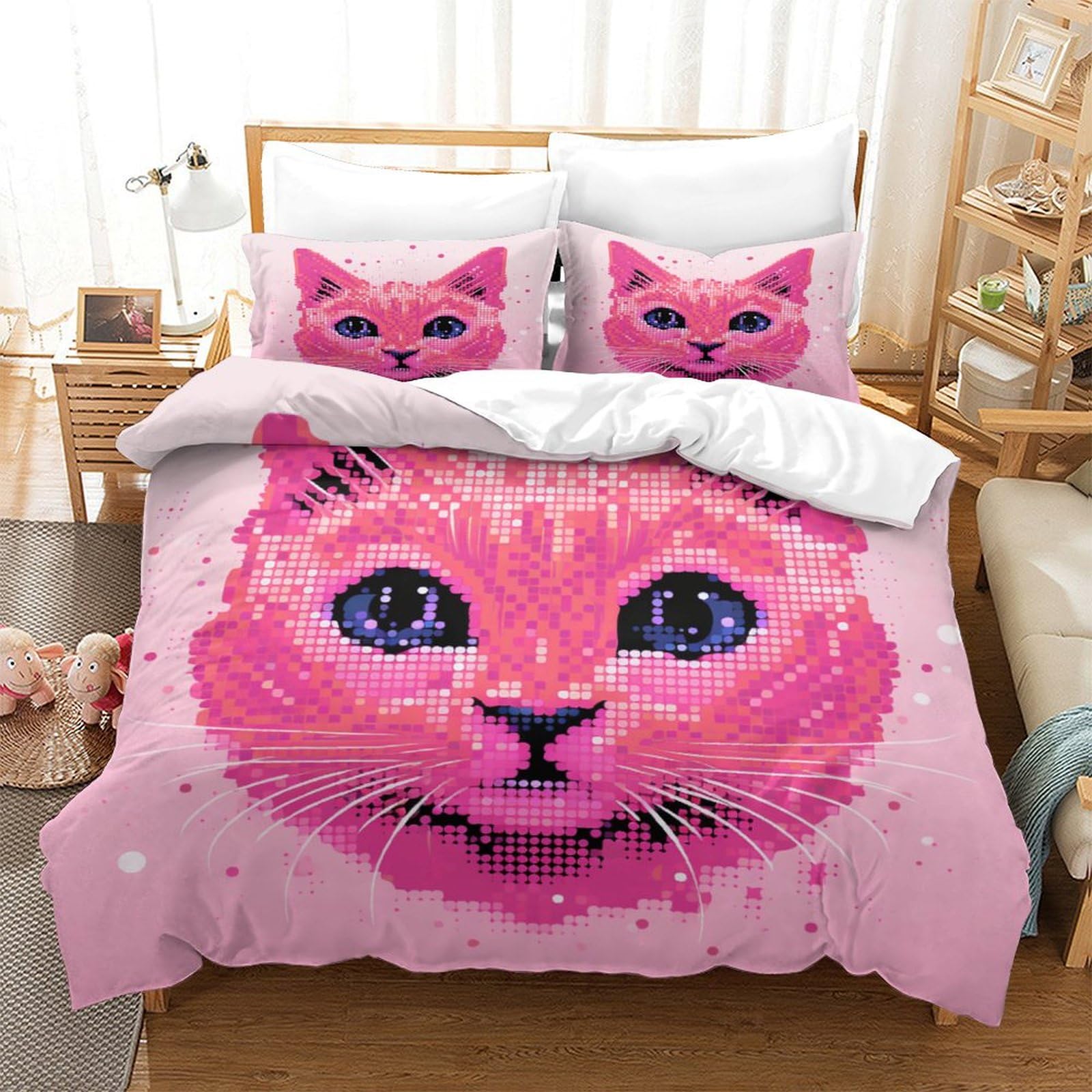 P1S9U7W5Y Chic Pink Cat 3D Printed Duvet Cover Set 3pcs Microfiber Cat Bedding Set King