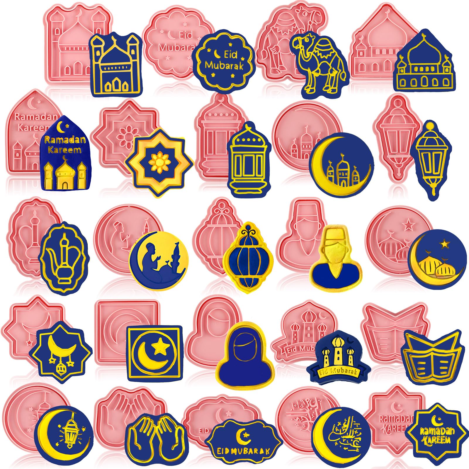 Roshtia 24 Stück Eid Gebete Ausstechformen Kunststoff Keksstempel Mond Keksform Pressschloss, Creme, leichte Kunststoff Keksausstecher, Prägeform zum Backen Fondant Supplies