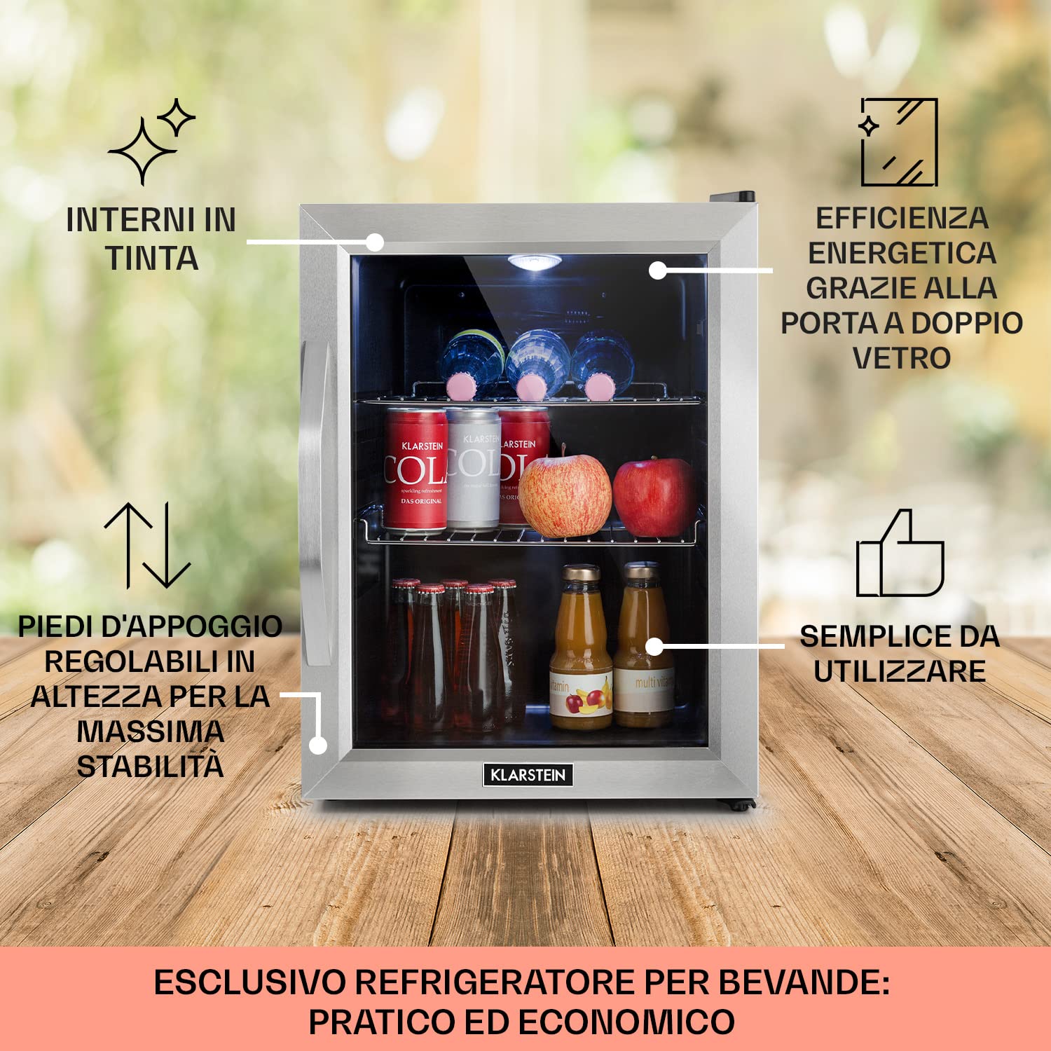 KLARSTEIN Mini Frigo da Camera per Birra, Portatile, Piccolo da Ufficio, con Porta in Vetro, Bar con Ripiani Rimovibili, 3-10°C, 33L