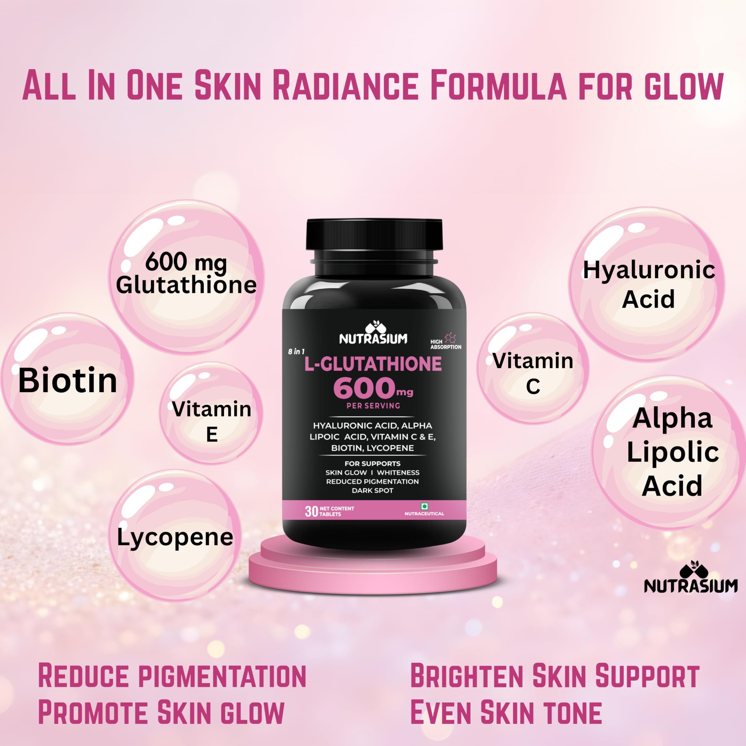 nutrasium l-glutathione 600 mg | Glutathione tablets for skin Glow | with Hyaluronic Acid & Biotin | For Skin Glow, Brightening, Hydration, Even skin tone & Skin Radiance NUTRASIUM L-Glutathione 600 mg with